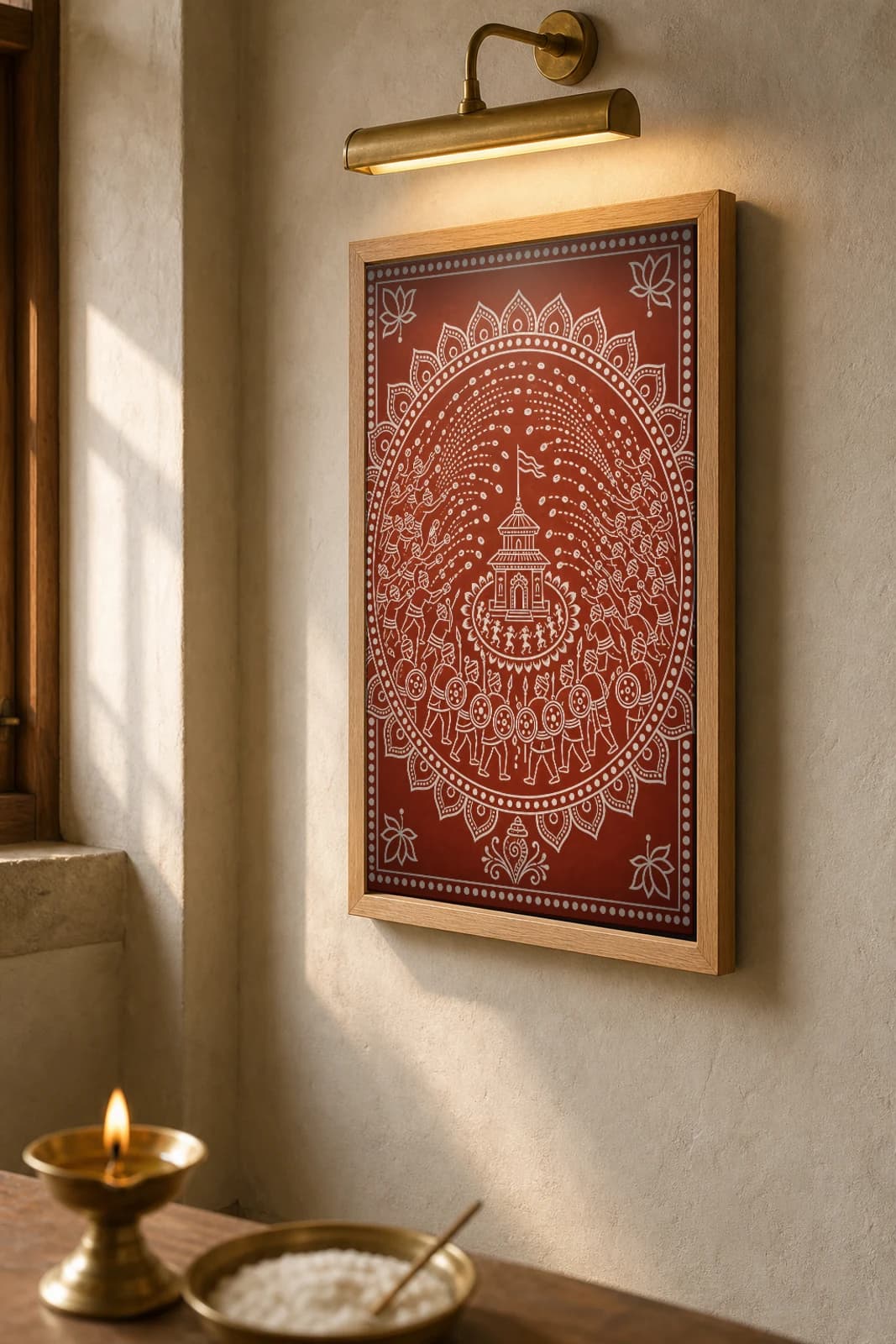 Bagwal Devidhura — the Devidhura stone-throwing fair as a radial Aipan mandala, white biswar rice-paste on geru terracotta · collector A2 — the framed print shown at a three-quarter angle on a styled gallery wall in a natural-oak frame