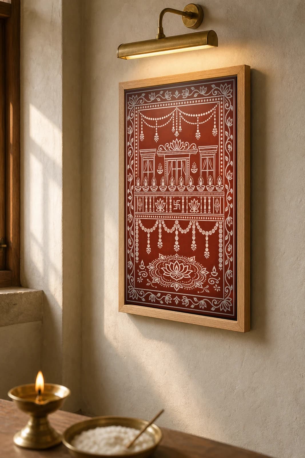 Balcony Diyas — a Diwali apartment balcony of lamps and torans drawn in Aipan, white biswar rice-paste on geru terracotta · collector A2 — the framed print shown at a three-quarter angle on a styled gallery wall in a natural-oak frame