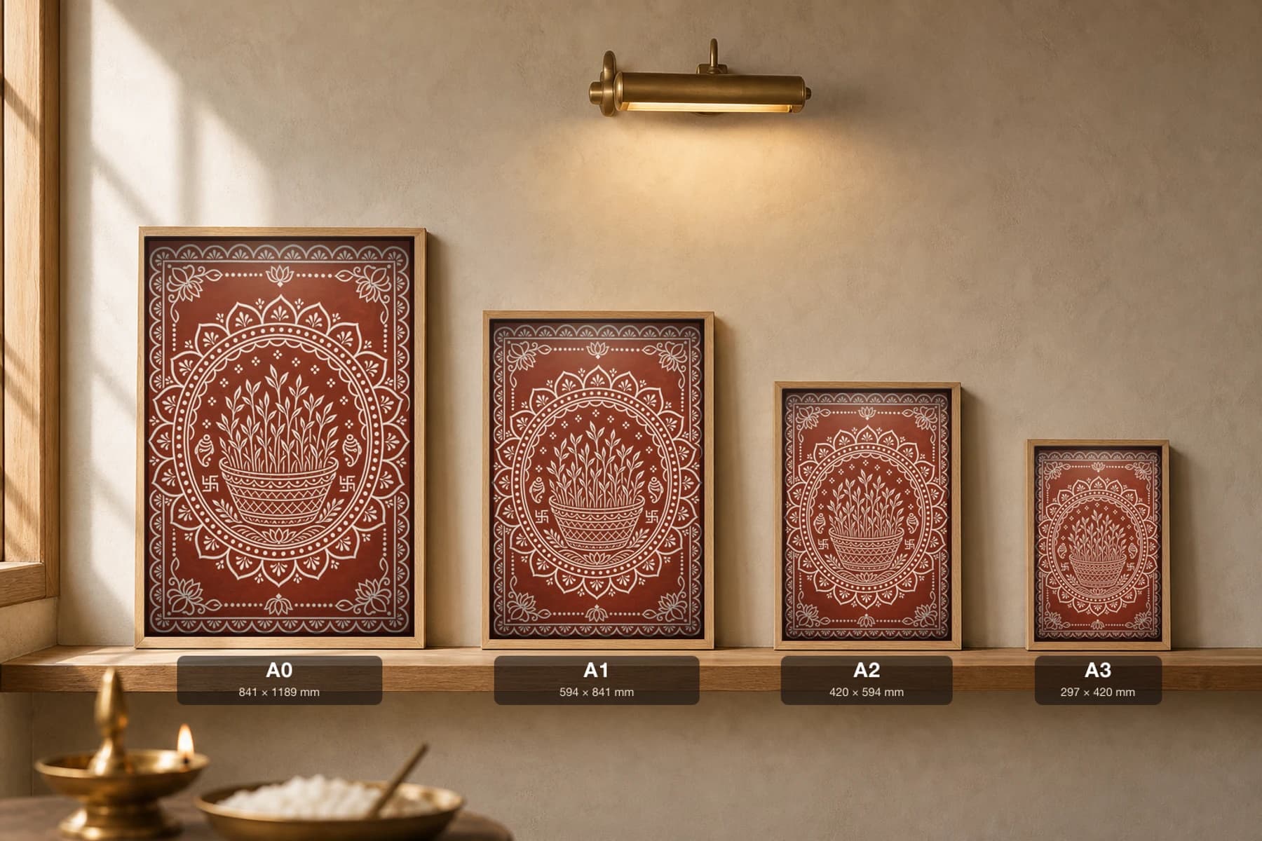 Harela Tray — the basket of pale sprouts blessed before harvest, drawn in Aipan, white biswar rice-paste on geru terracotta · collector A2 — print size guide showing the artwork at A0, A1, A2 and A3 in natural-oak frames at true relative scale