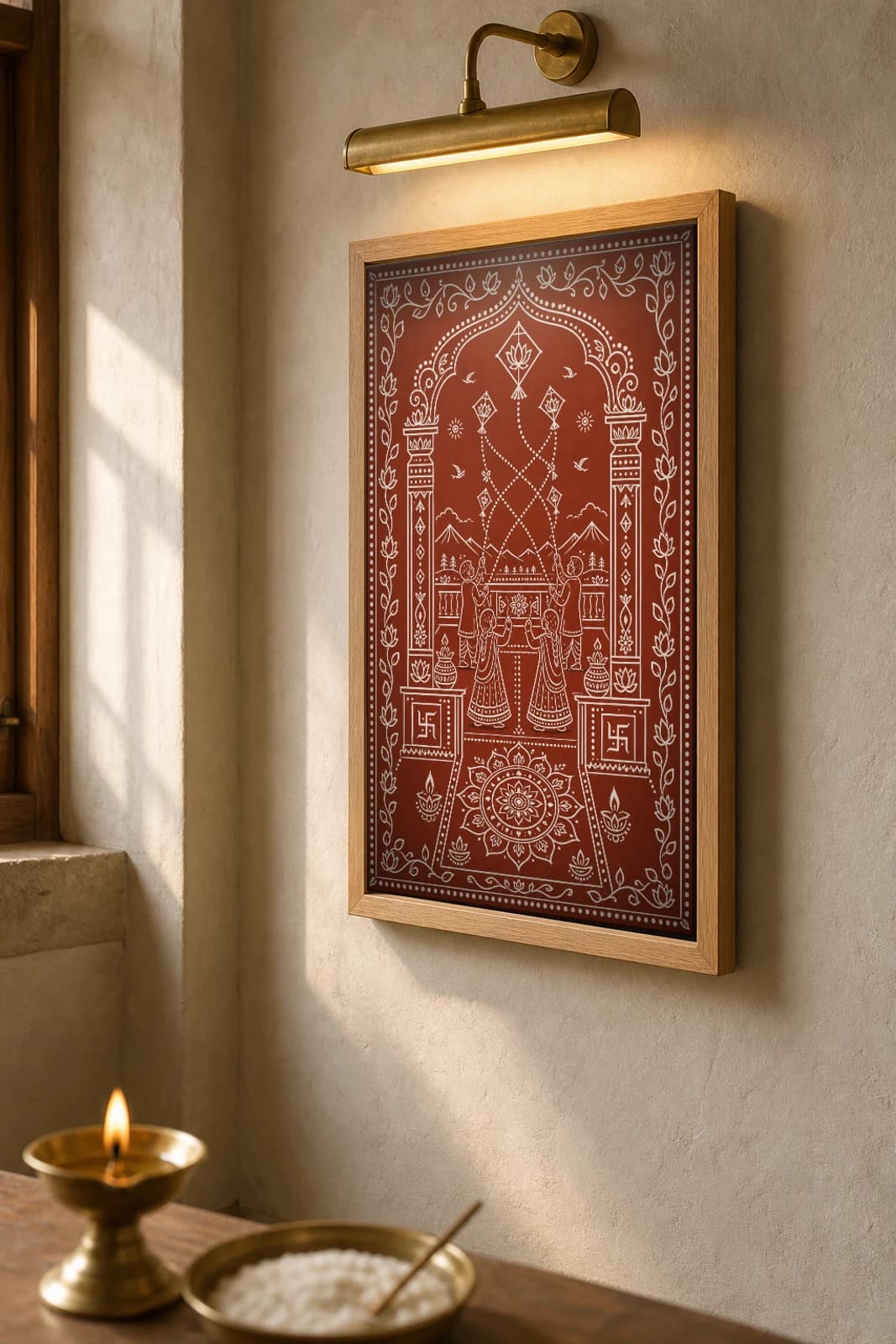 Patang Chhat Aipan-Style Print — Sankranti Kite-Flying on a Hill Terrace · two-tone white biswar on geru terracotta · contemporary Kumaoni Aipan fusion — the framed print shown at a three-quarter angle on a styled gallery wall in a natural-oak frame