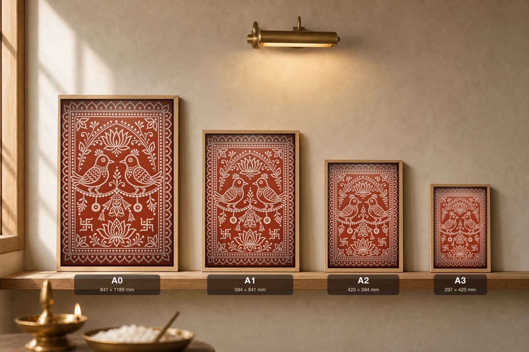 Ghughuti Aipan-Style Print — Paired Festival Birds of Makar Sankranti under a Lotus Arch · two-tone white biswar on geru terracotta · classical Kumaoni Aipan — print size guide showing the artwork at A0, A1, A2 and A3 in natural-oak frames at true relative scale