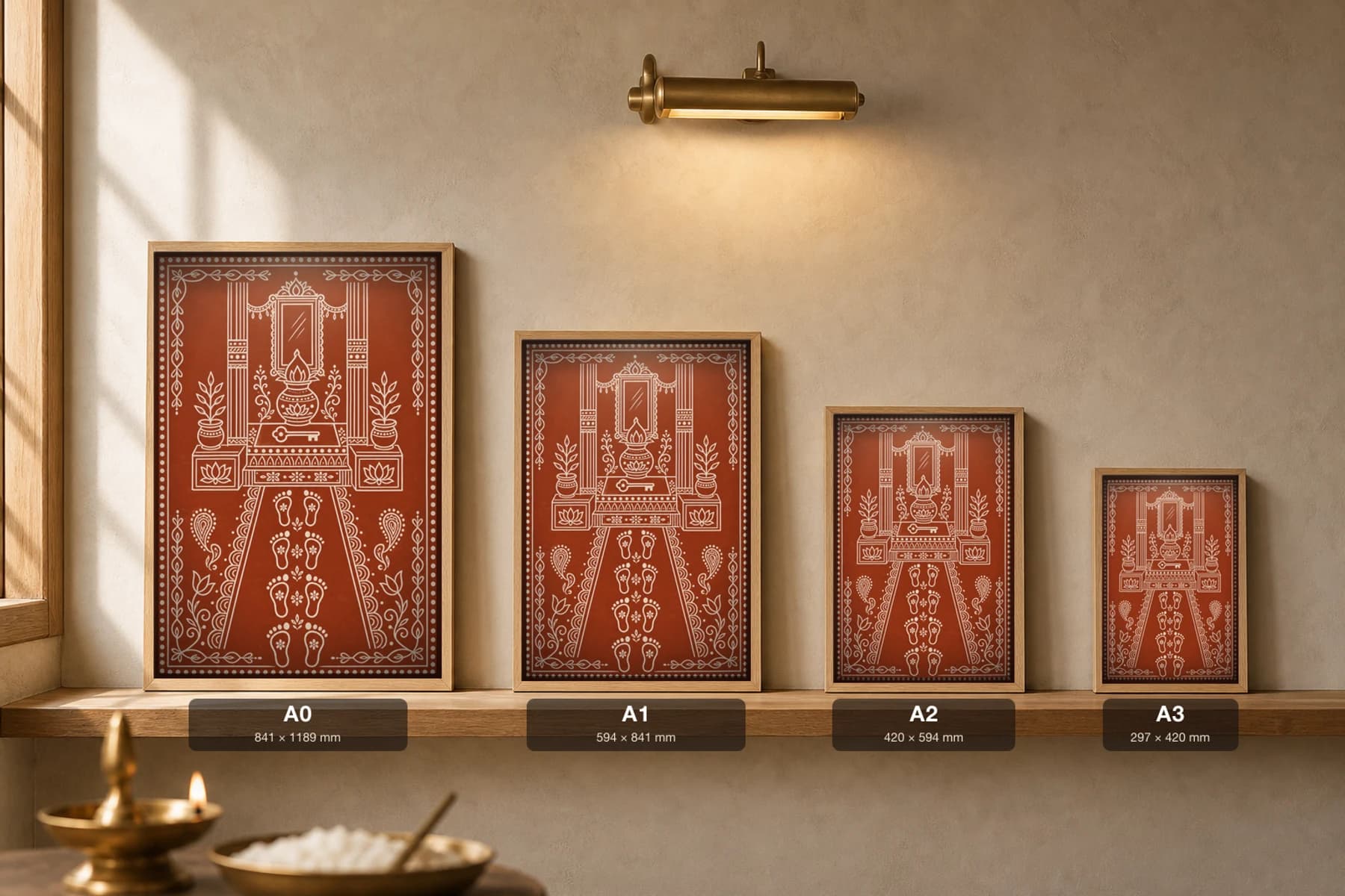Griha Pravesh Aipan-Style Print — Housewarming Shrine, House Key, and Footprints Walking In · white biswar on geru terracotta · contemporary × Kumaoni Aipan fusion — print size guide showing the artwork at A0, A1, A2 and A3 in natural-oak frames at true relative scale