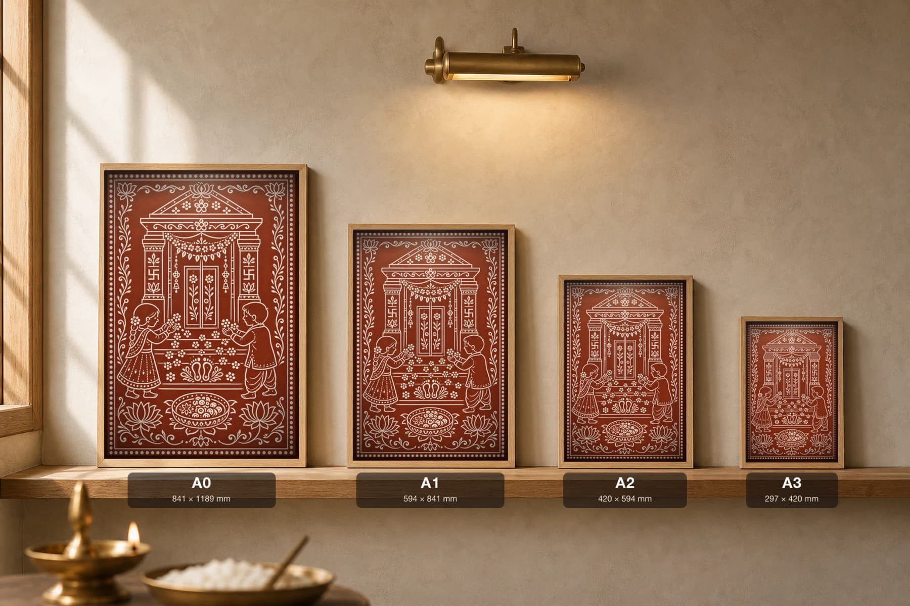 Phooldei Aipan-Style Print — Children Scattering Flowers at the Spring Doorway · white biswar on geru terracotta · contemporary × Kumaoni Aipan fusion — print size guide showing the artwork at A0, A1, A2 and A3 in natural-oak frames at true relative scale