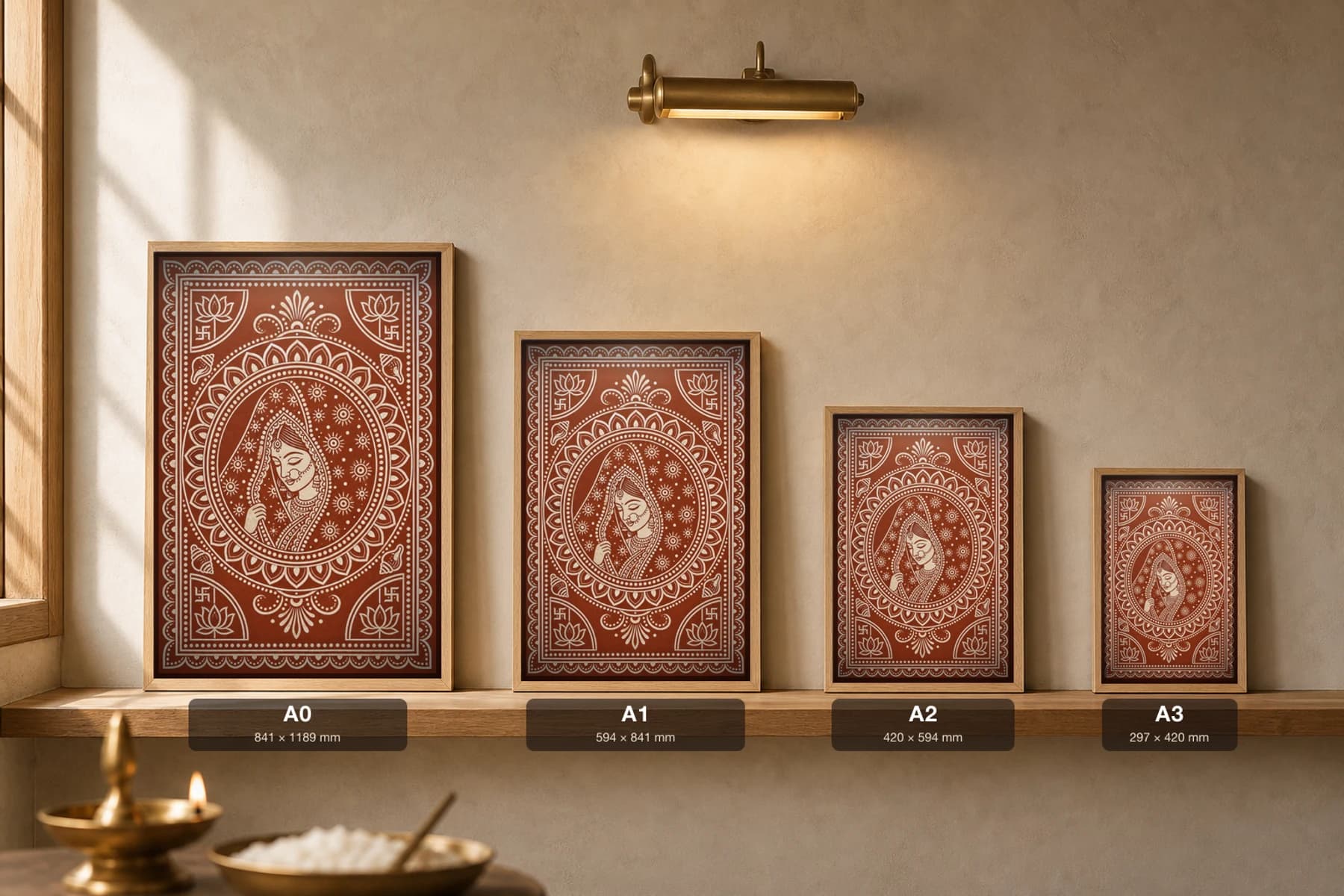 Pichhora Veil Aipan-Style Print — A Kumaoni Bride Beneath Her Ceremonial Veil in an Oval Mandala · white biswar on geru terracotta · contemporary × Kumaoni Aipan fusion — print size guide showing the artwork at A0, A1, A2 and A3 in natural-oak frames at true relative scale