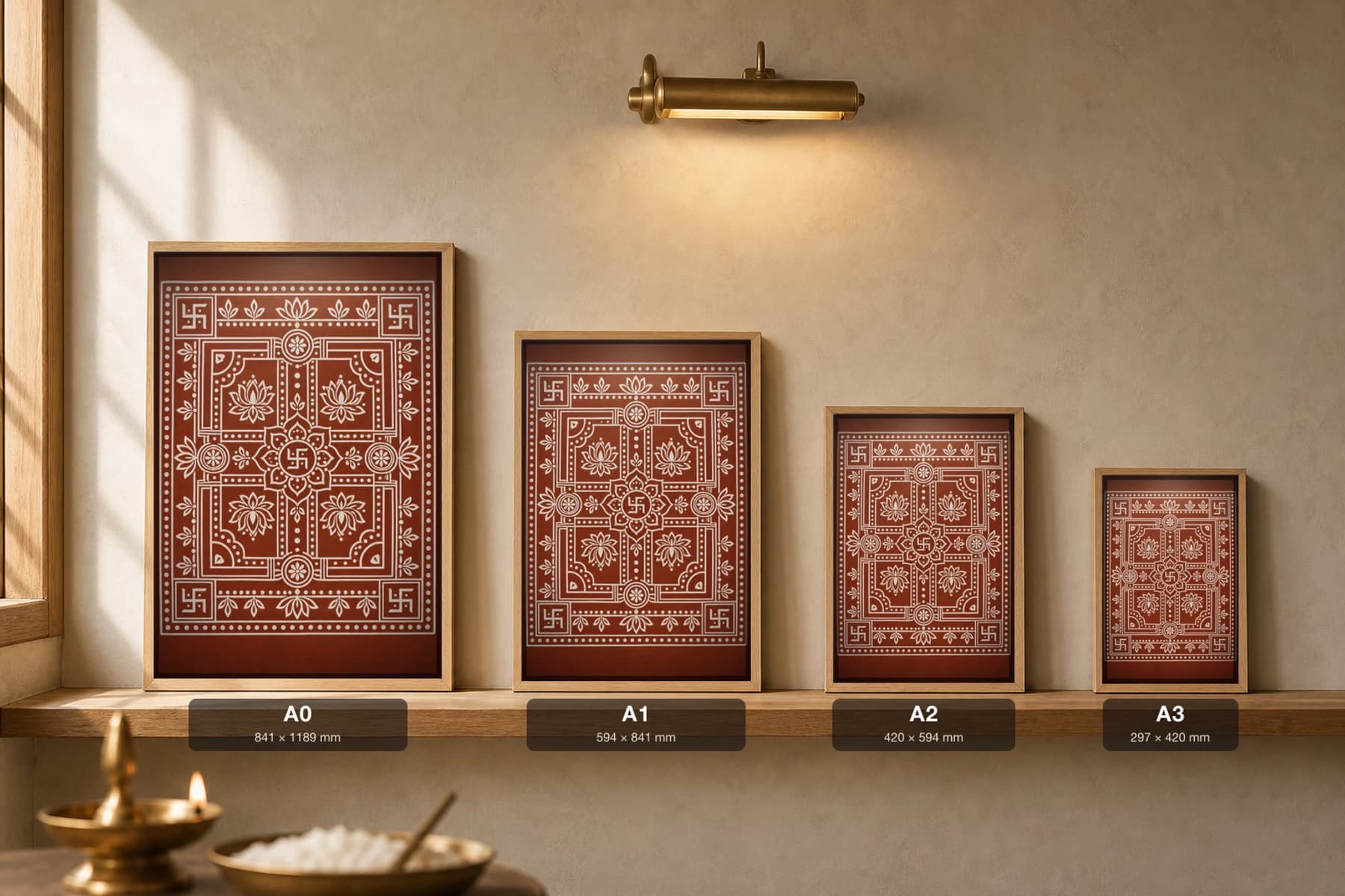 Mangal Chowki Aipan-Style Print — A Fourfold Auspicious Seat of Swastikas and Lotuses · two-tone white biswar on geru terracotta · classical Kumaoni Aipan — print size guide showing the artwork at A0, A1, A2 and A3 in natural-oak frames at true relative scale