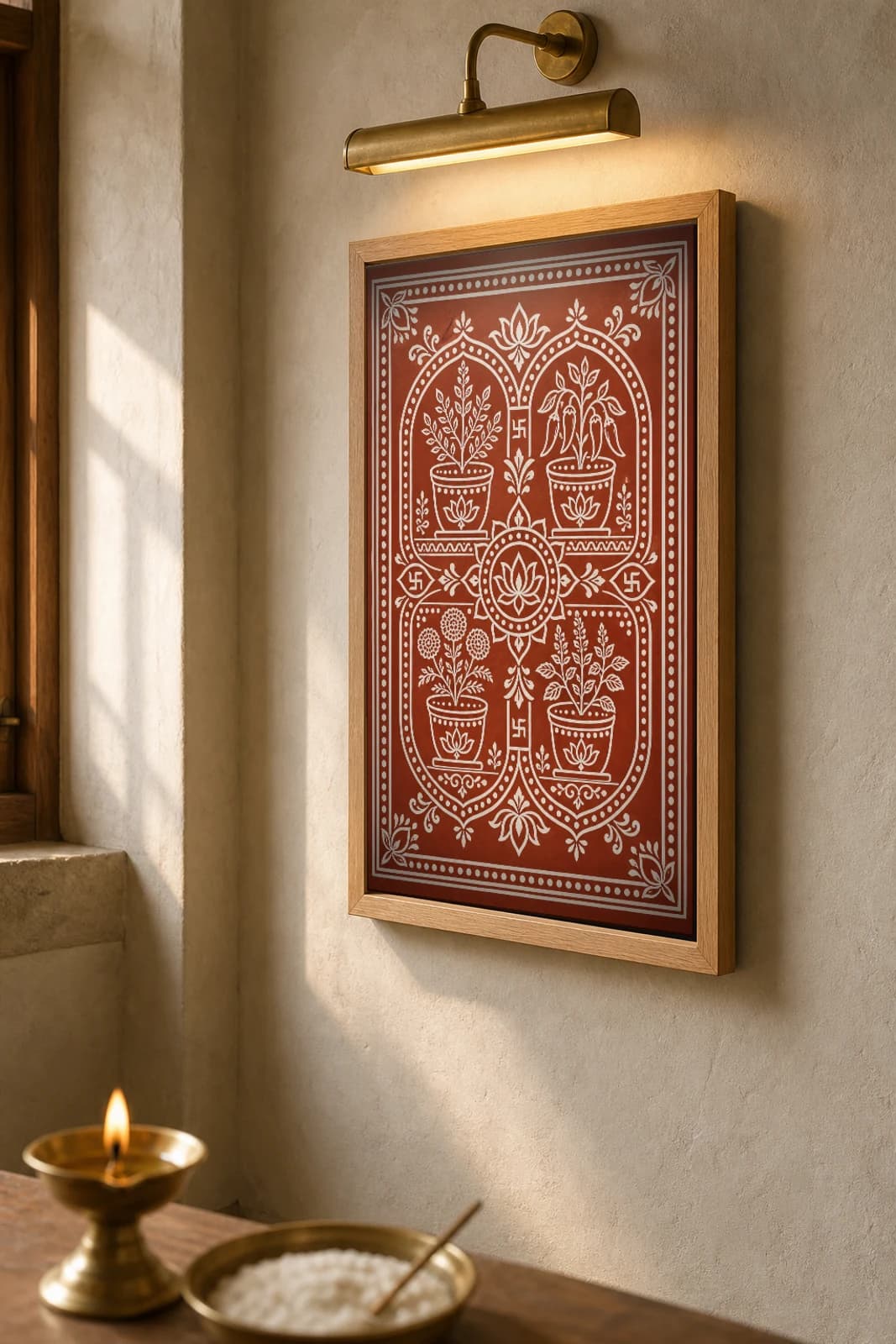 Chhat Bageecha Aipan-Style Print — A Terrace Kitchen Garden of Four Potted Plants · two-tone white biswar on geru terracotta · contemporary Kumaoni Aipan fusion — the framed print shown at a three-quarter angle on a styled gallery wall in a natural-oak frame