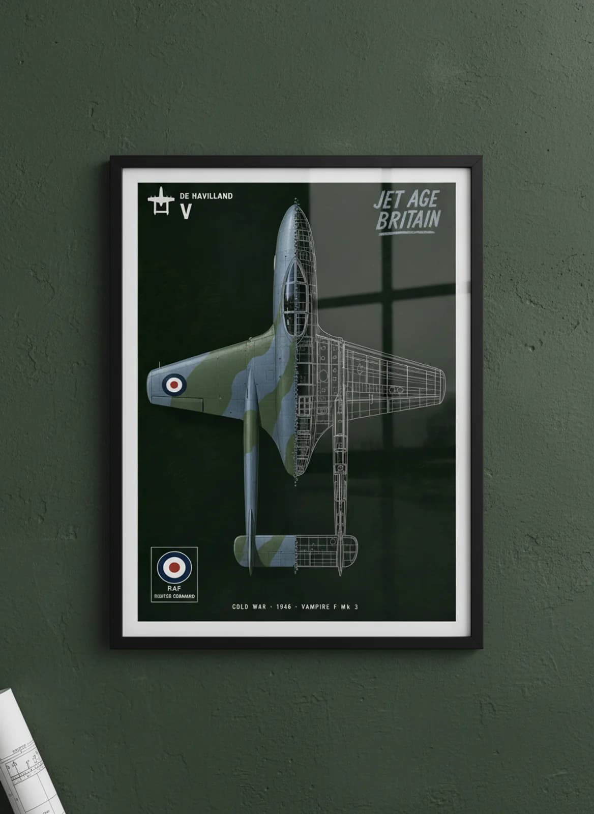 Vampire F Mk 3 — Aircraft Cutaway cutaway poster in black A2 frame on raf-dark-green deep forest wall — Aircraft Cutaways enthusiast study mockup