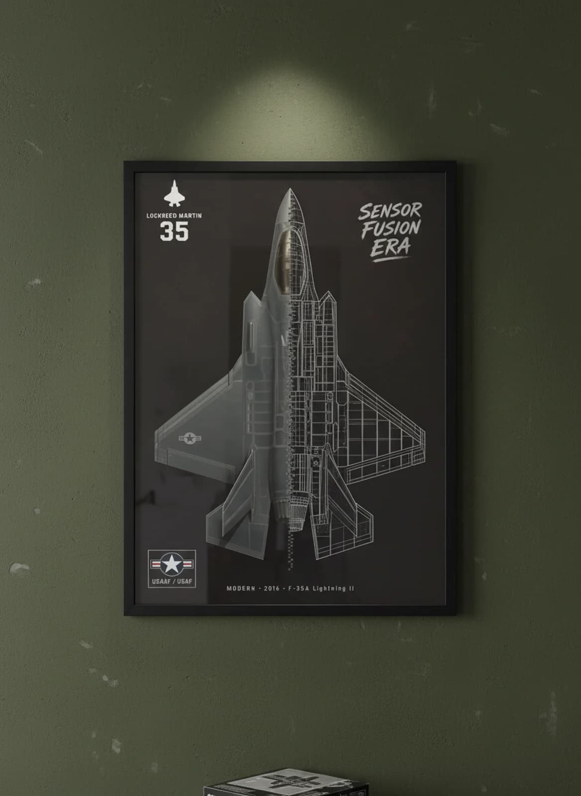 F-35A Lightning II — Aircraft Cutaway cutaway poster in black A2 frame on low-vis-charcoal-grey deep forest wall — Aircraft Cutaways enthusiast study mockup