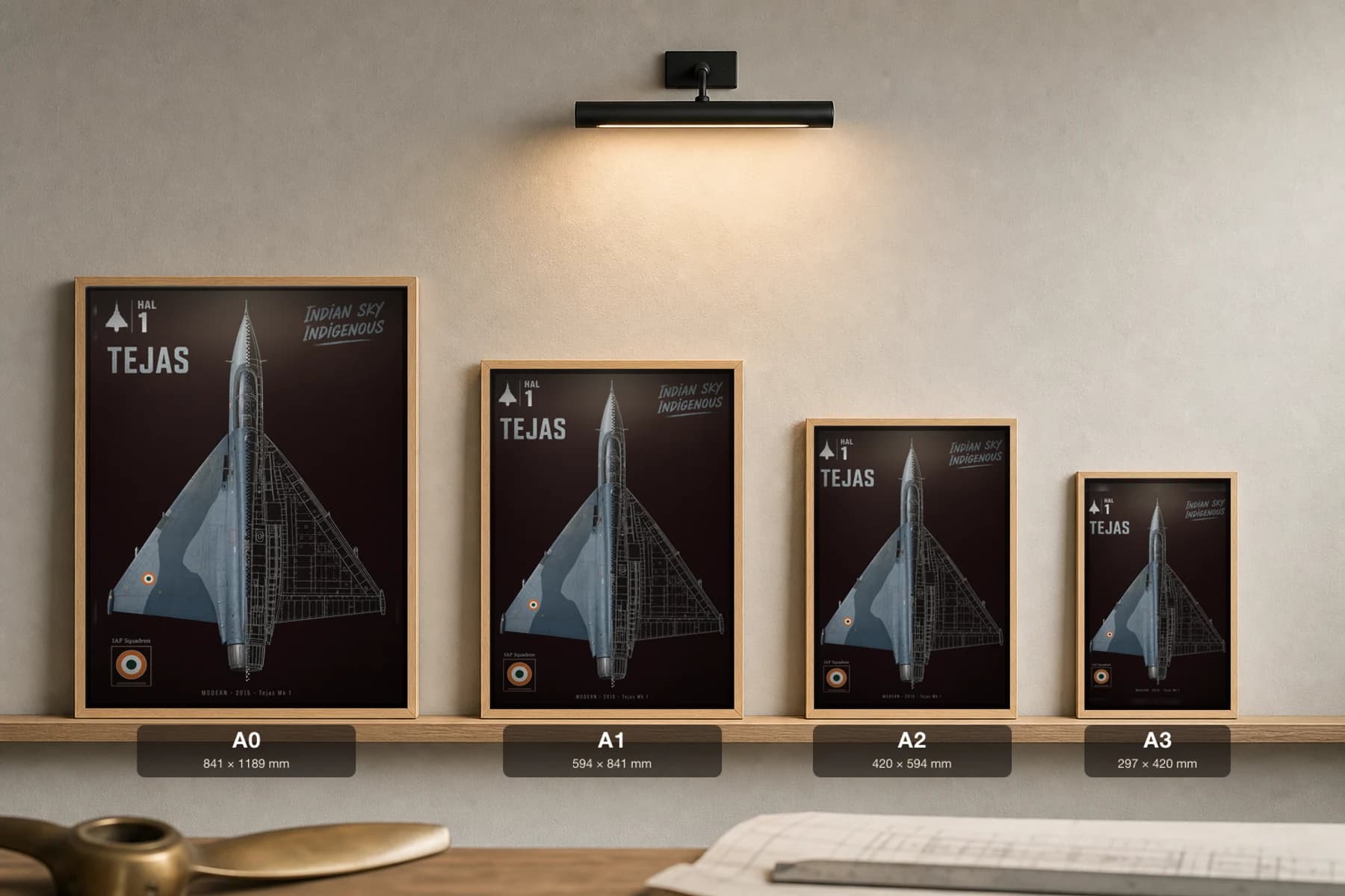 HAL Tejas Cutaway Poster — Tejas Mk 1 Modern Split-View Blueprint Print — print size guide showing the artwork at A0, A1, A2 and A3 in natural-oak frames at true relative scale