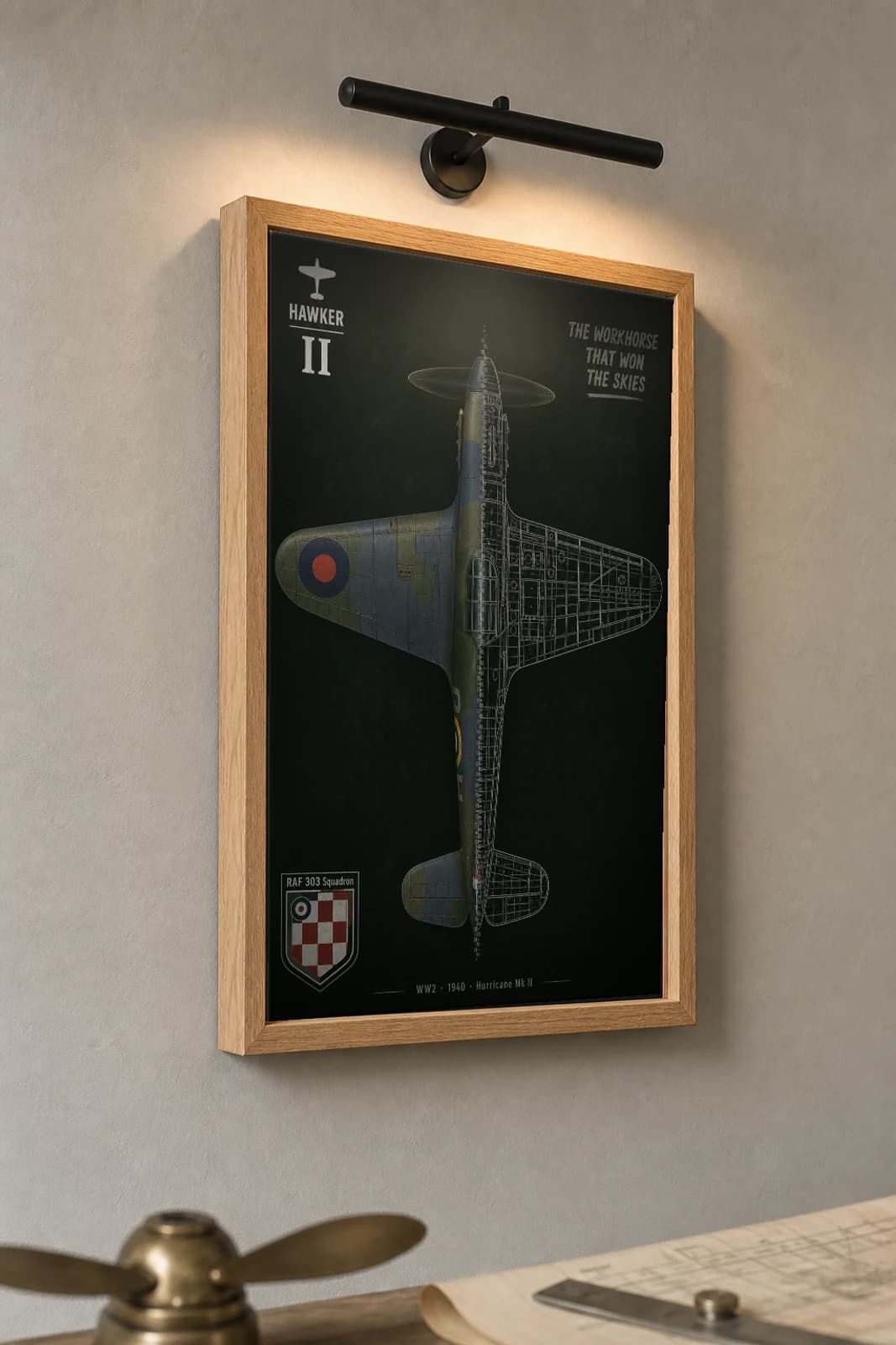Hawker Hurricane Cutaway Poster — Mk II WW2 Split-View Blueprint Print — the framed print shown at a three-quarter angle on a styled gallery wall in a natural-oak frame