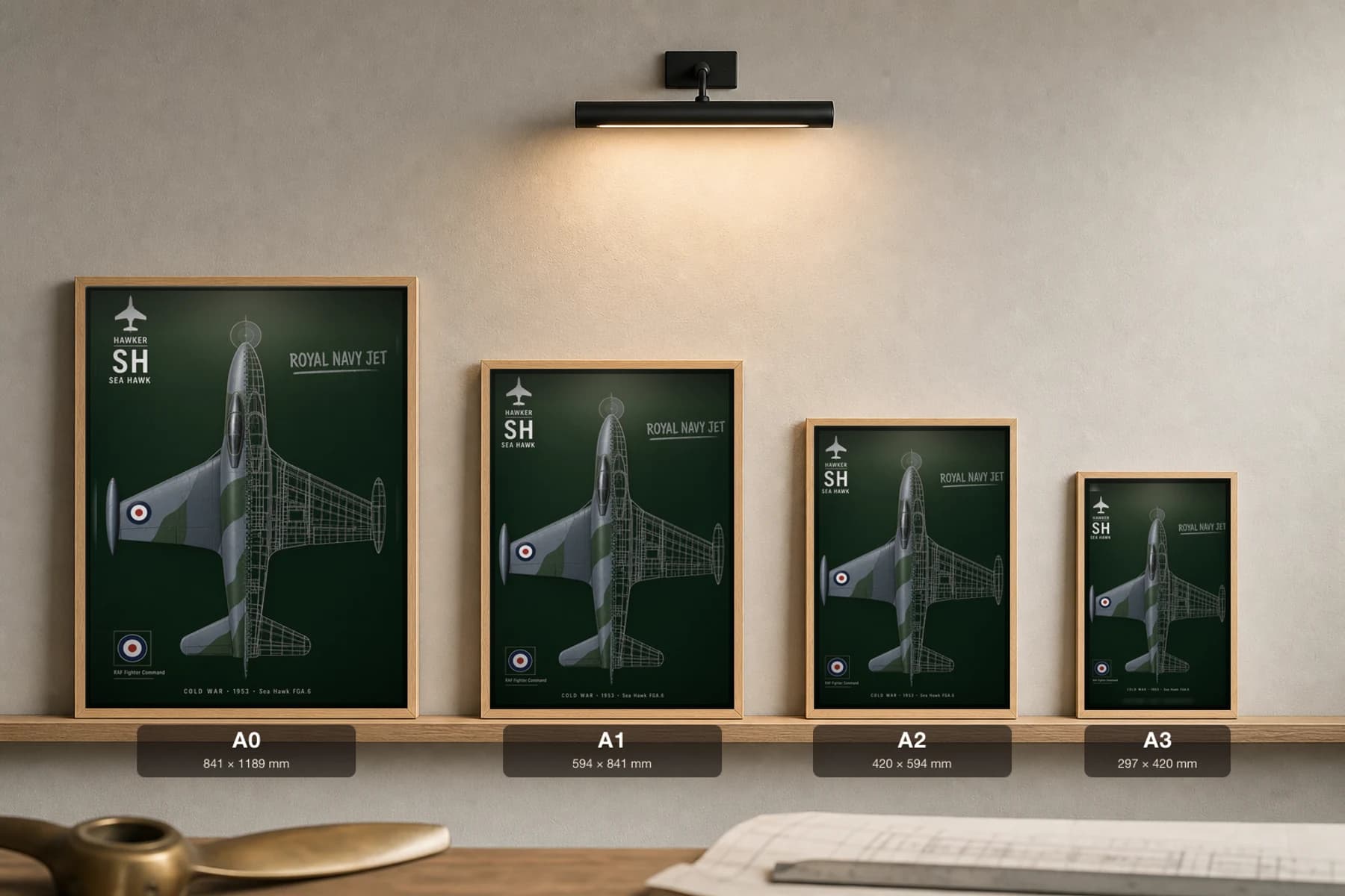 Sea Hawk FGA.6 Cutaway Poster — 1953 Royal Navy Jet Fighter-Bomber Split-View Blueprint Print — print size guide showing the artwork at A0, A1, A2 and A3 in natural-oak frames at true relative scale