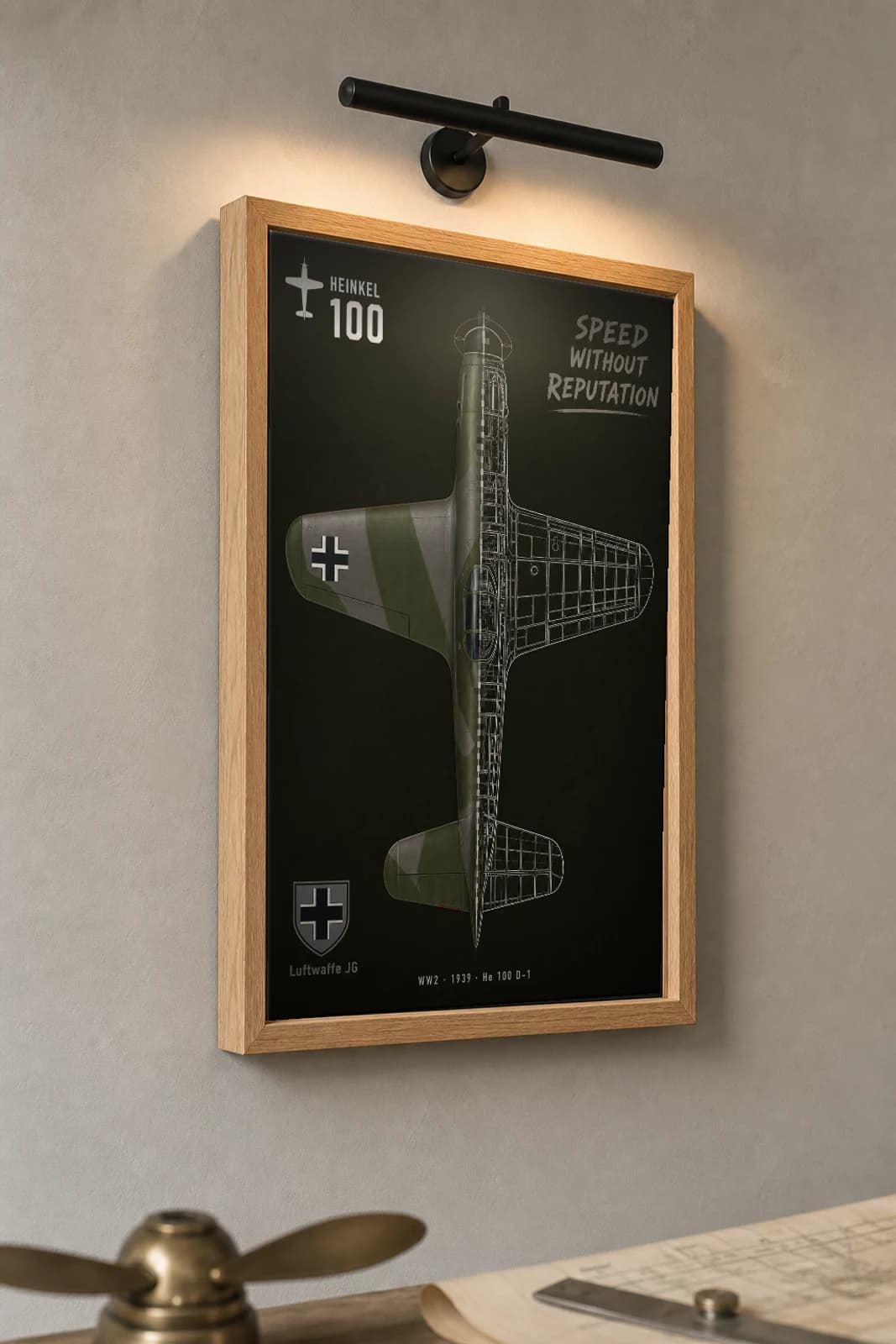 Heinkel He 100 Cutaway Poster — He 100 D-1 WW2 Split-View Blueprint Print — the framed print shown at a three-quarter angle on a styled gallery wall in a natural-oak frame