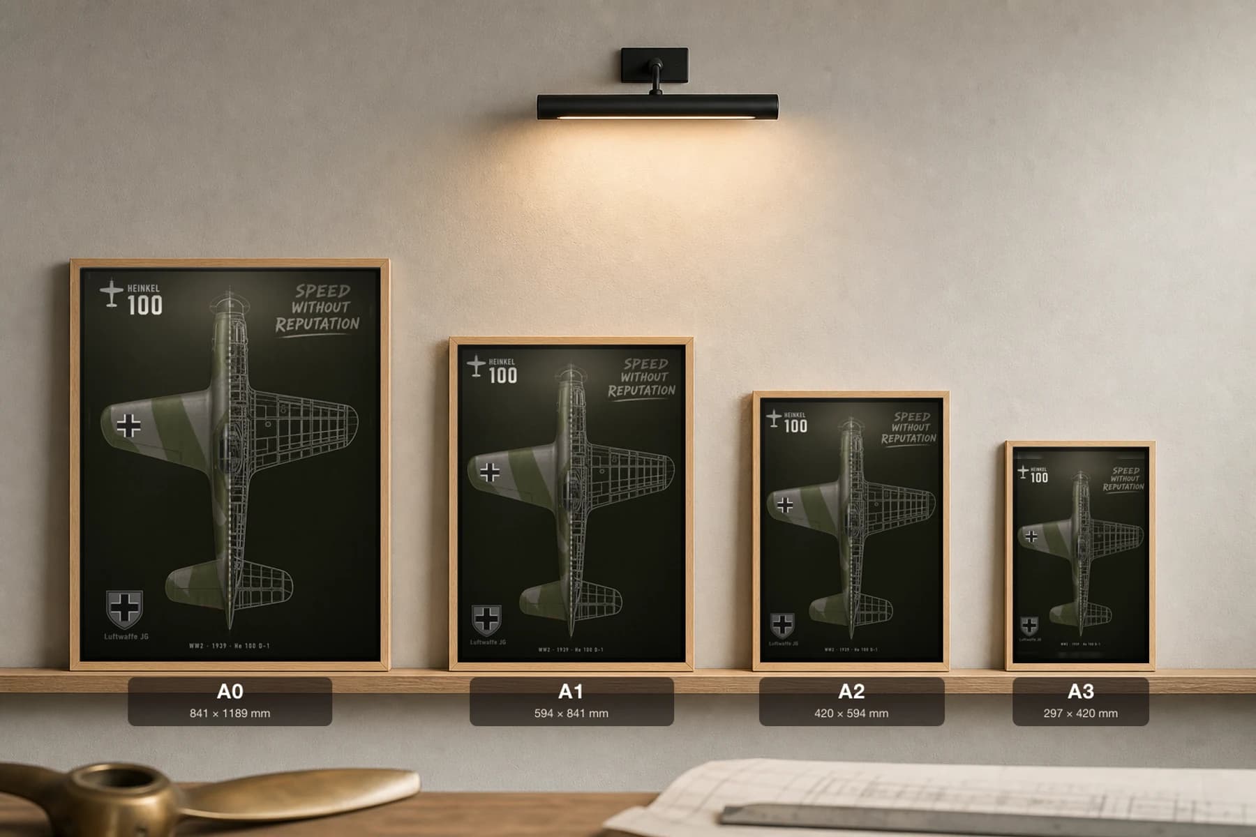 Heinkel He 100 Cutaway Poster — He 100 D-1 WW2 Split-View Blueprint Print — print size guide showing the artwork at A0, A1, A2 and A3 in natural-oak frames at true relative scale