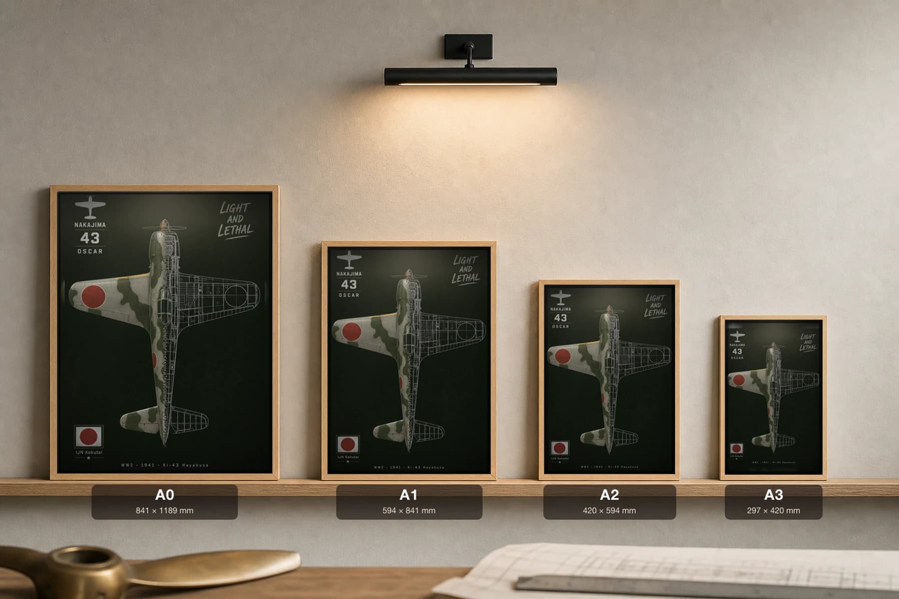 Ki-43 Hayabusa Cutaway Poster — Ki-43 Oscar WW2 Split-View Blueprint Print — print size guide showing the artwork at A0, A1, A2 and A3 in natural-oak frames at true relative scale