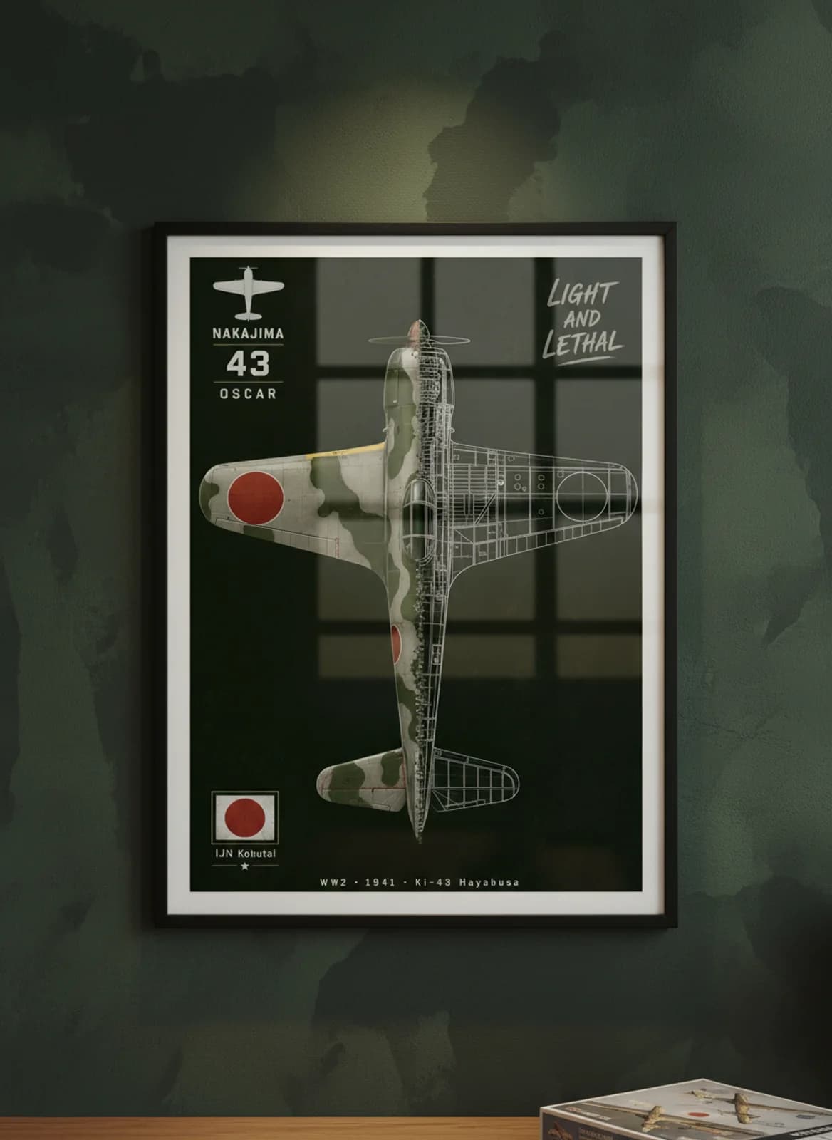 Ki-43 Oscar — Aircraft Cutaway cutaway poster in black A2 frame on blotchy-dark-green-camouflage deep forest wall — Aircraft Cutaways enthusiast study mockup