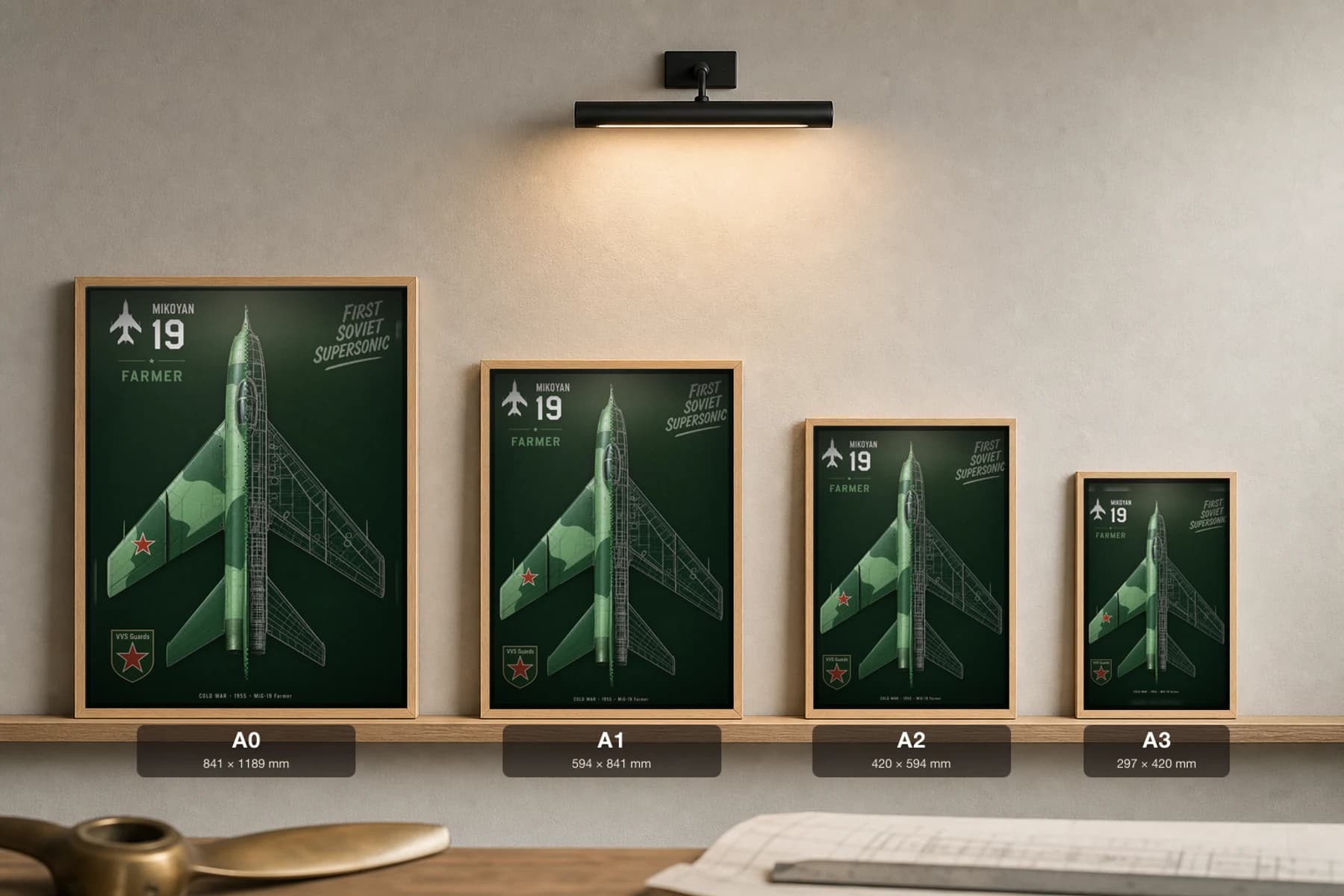 MiG-19 Cutaway Poster — Farmer Cold War Split-View Blueprint Print — print size guide showing the artwork at A0, A1, A2 and A3 in natural-oak frames at true relative scale