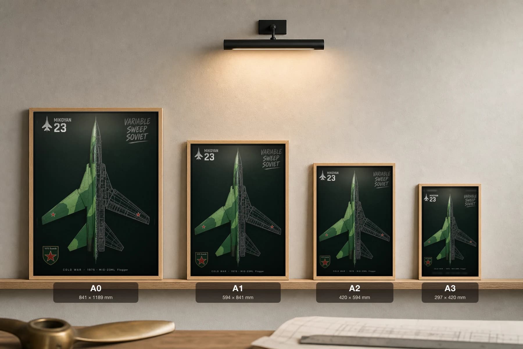 MiG-23 Cutaway Poster — MiG-23ML Flogger Cold War Split-View Blueprint Print — print size guide showing the artwork at A0, A1, A2 and A3 in natural-oak frames at true relative scale