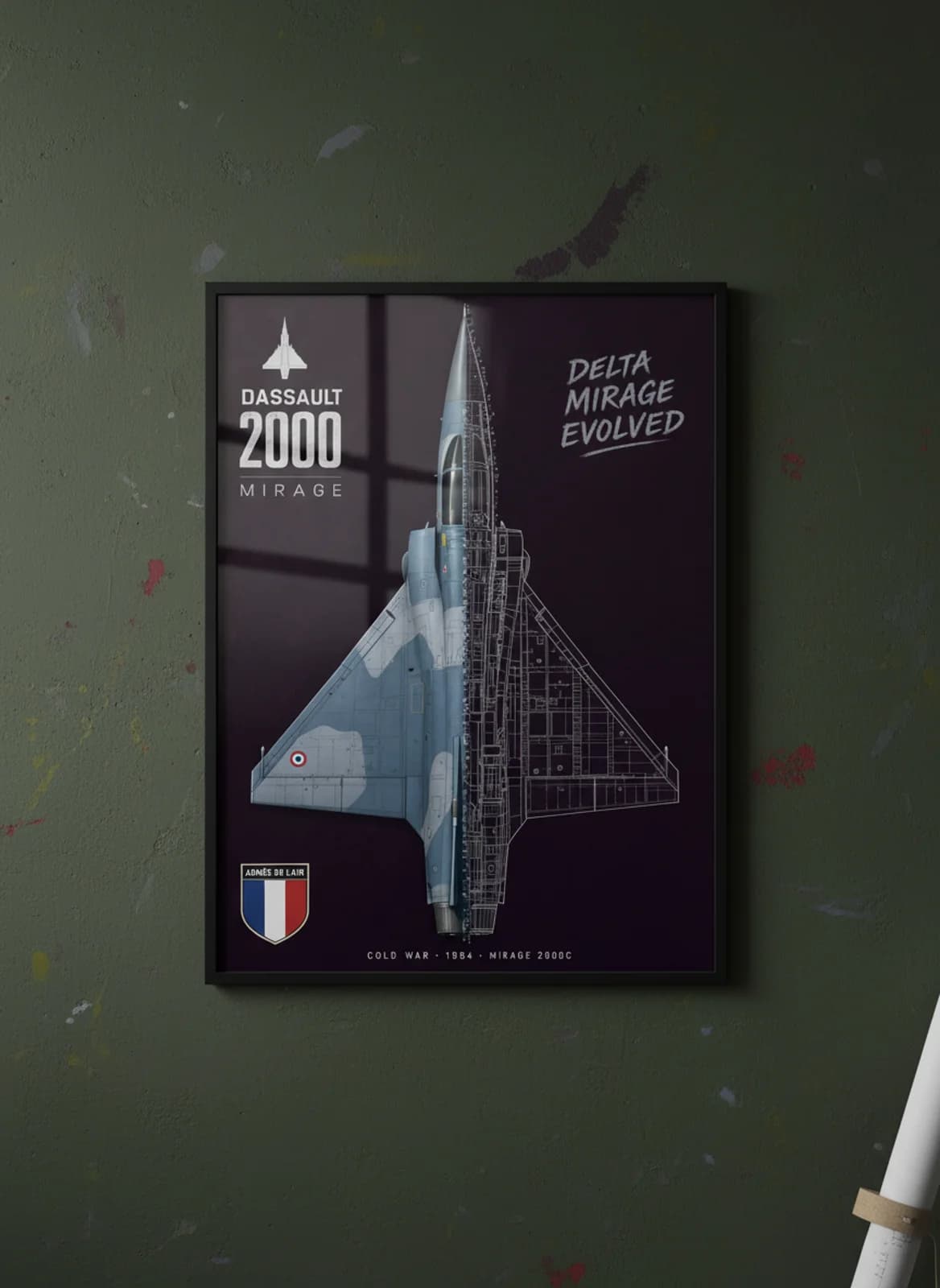 Mirage 2000C — Aircraft Cutaway cutaway poster in black A2 frame on dark-purple-maroon-forest-plate deep forest wall — Aircraft Cutaways enthusiast study mockup