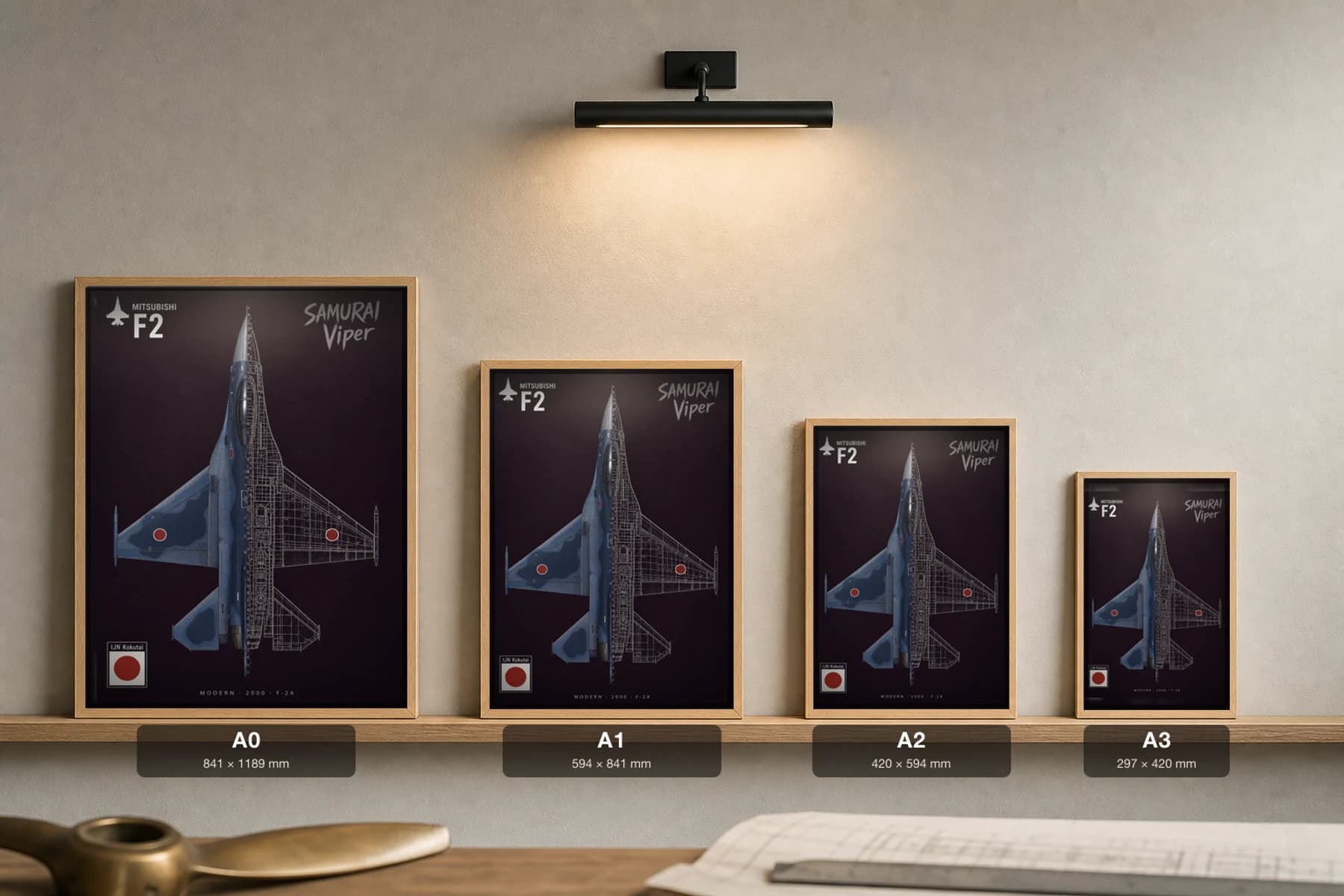 Mitsubishi F-2 Cutaway Poster — F-2A Modern Split-View Blueprint Print — print size guide showing the artwork at A0, A1, A2 and A3 in natural-oak frames at true relative scale