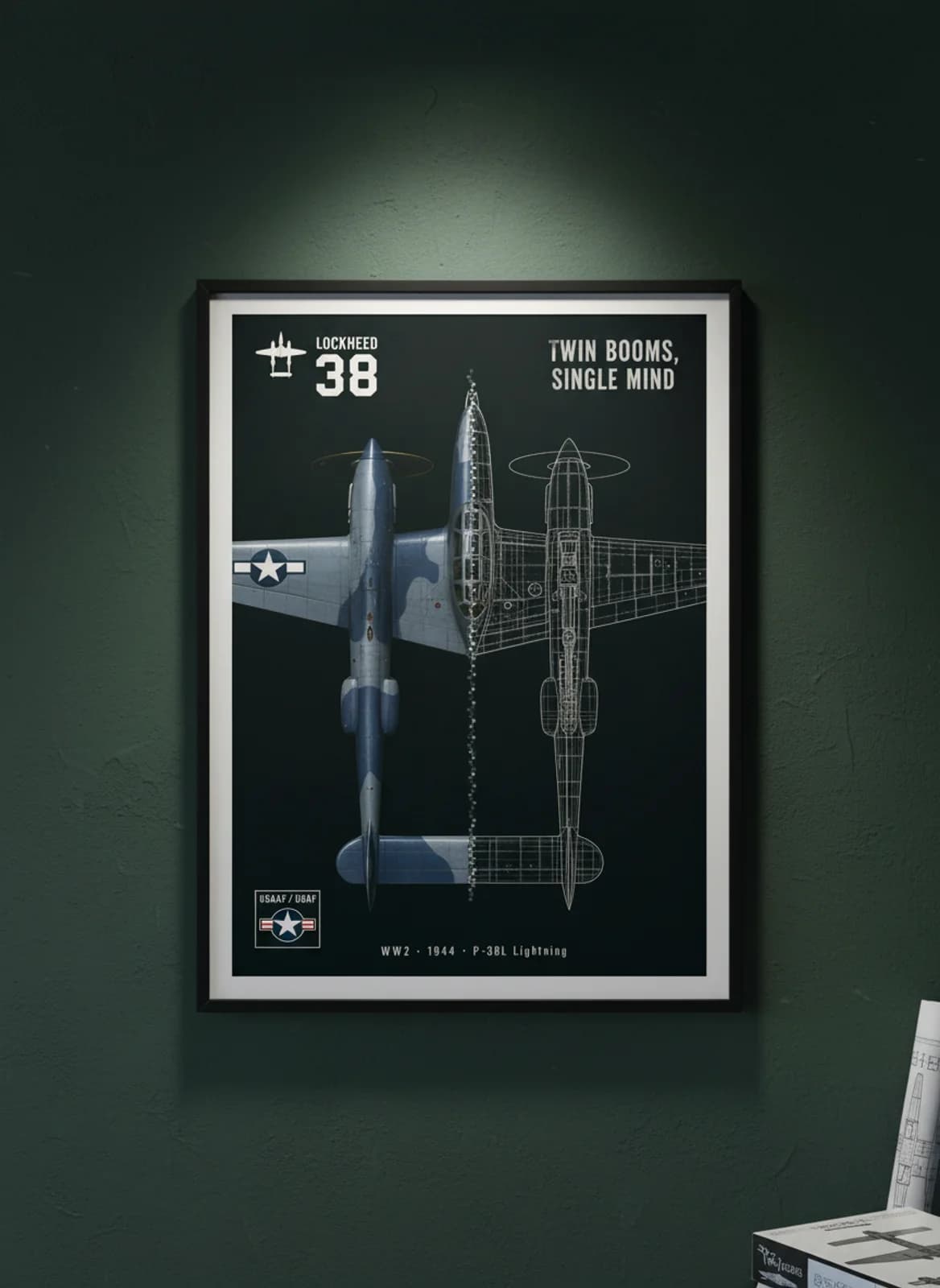 P-38L Lightning — Aircraft Cutaway cutaway poster in black A2 frame on blue-grey-camouflage deep forest wall — Aircraft Cutaways enthusiast study mockup
