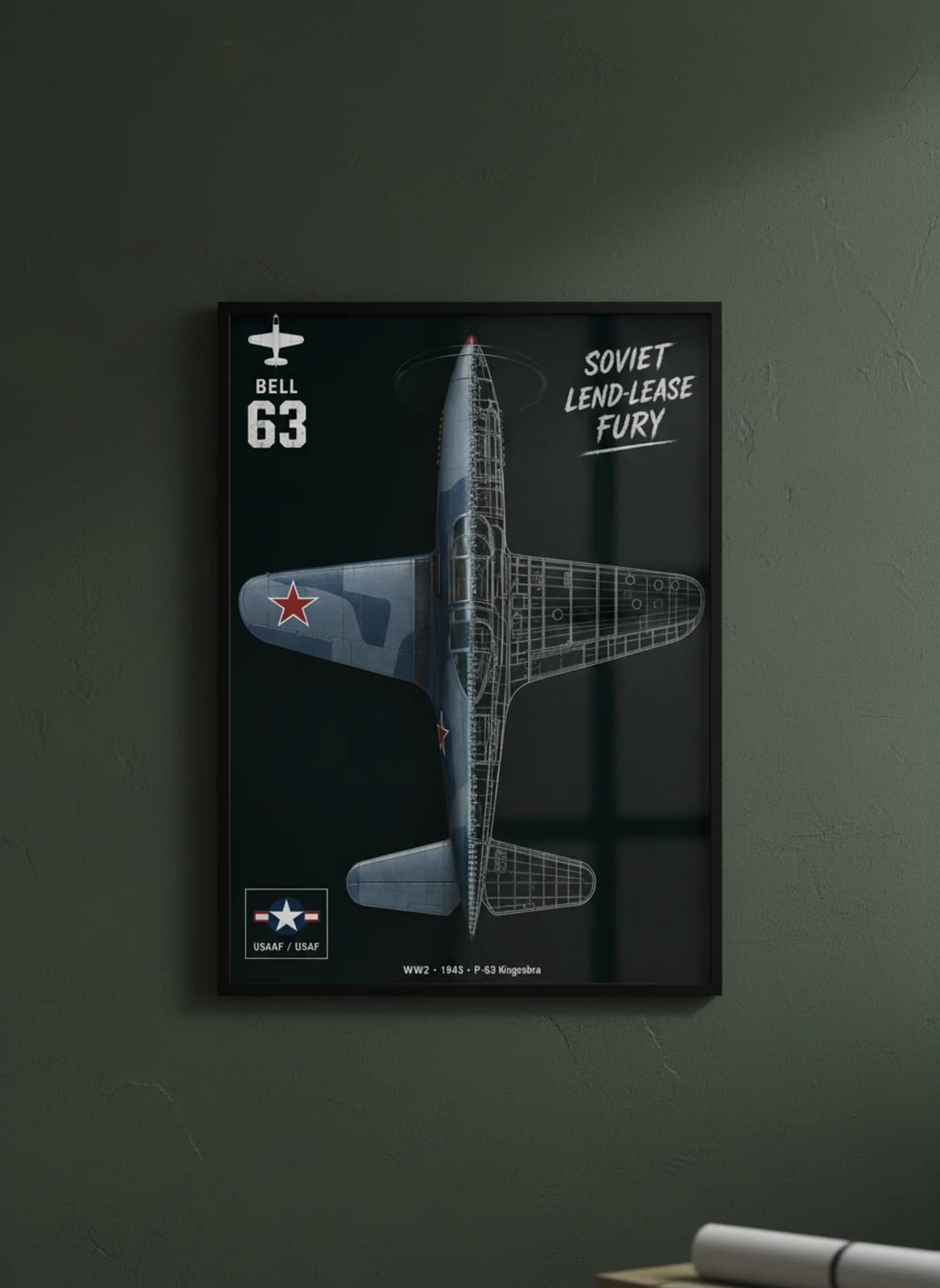 P-63 Kingcobra — Aircraft Cutaway cutaway poster in black A2 frame on blue-camouflage deep forest wall — Aircraft Cutaways enthusiast study mockup