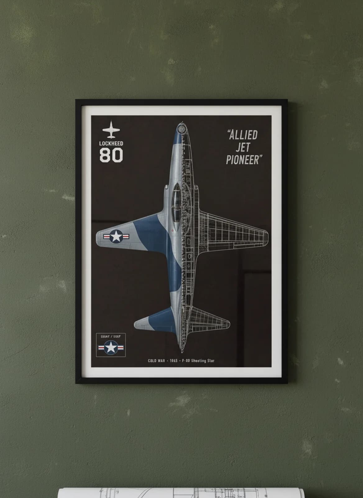P-80 Shooting Star — Aircraft Cutaway cutaway poster in black A2 frame on natural-metal-silver deep forest wall — Aircraft Cutaways enthusiast study mockup