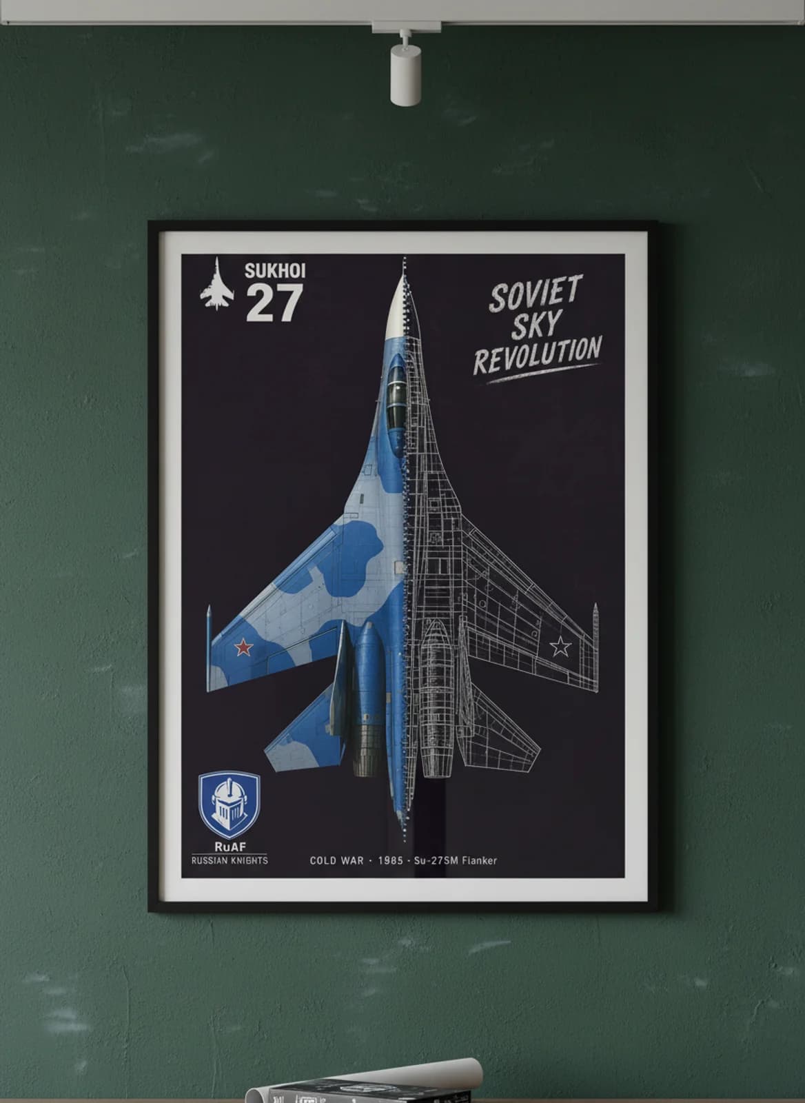 Su-27SM Flanker — Aircraft Cutaway cutaway poster in black A2 frame on splinter-blue-camouflage deep forest wall — Aircraft Cutaways enthusiast study mockup