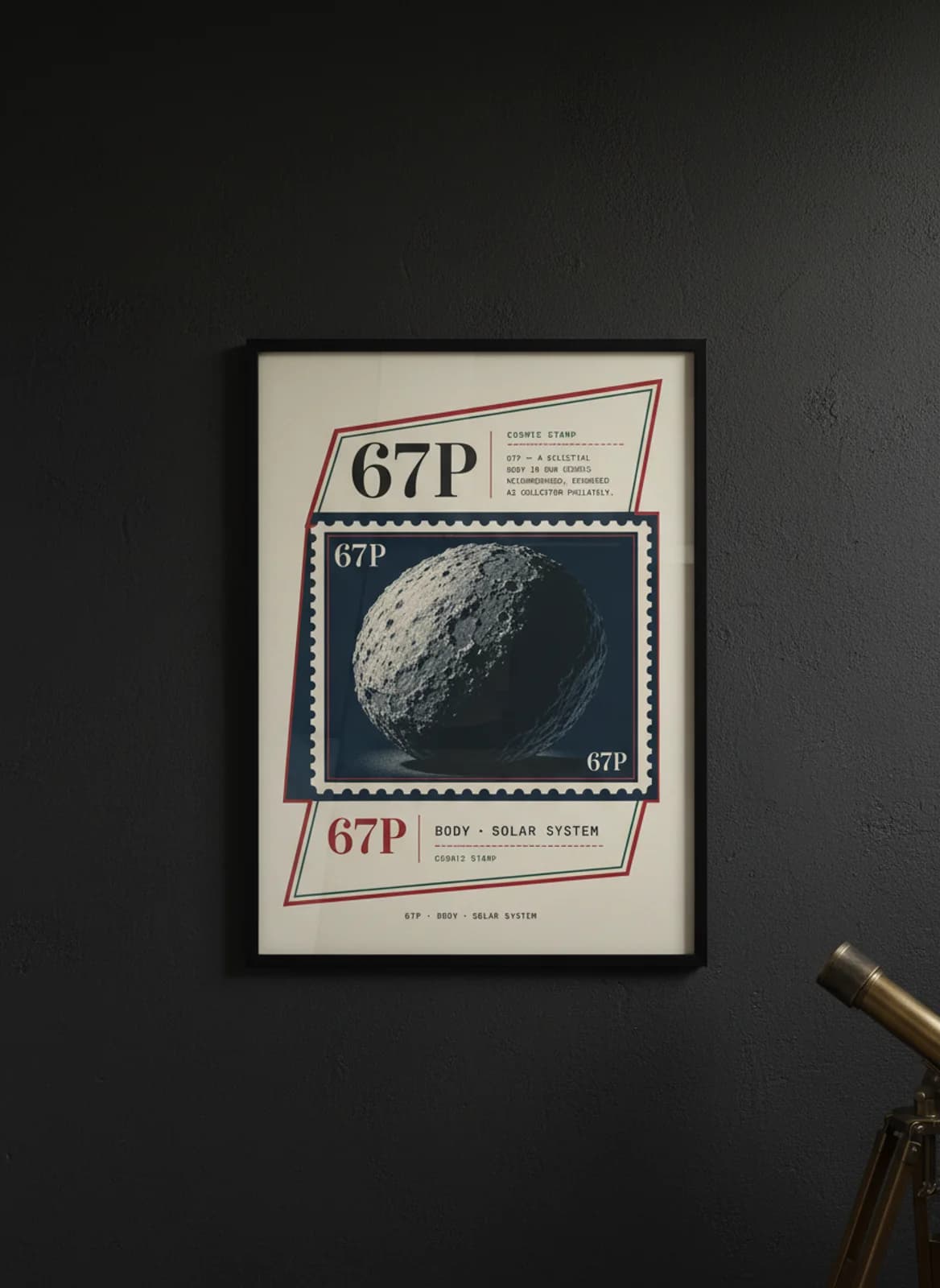 67P — Astronomical Bodies Stamp philatelic stamp poster in black A2 frame on comet-67p dark observatory wall — Astronomical Bodies mockup