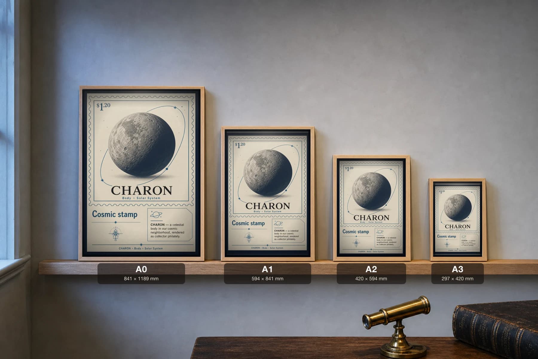 CHARON Stamp Poster — print size guide showing the artwork at A0, A1, A2 and A3 in natural-oak frames at true relative scale