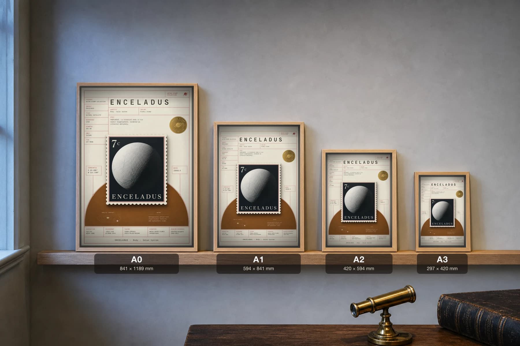 ENCELADUS Stamp Poster — print size guide showing the artwork at A0, A1, A2 and A3 in natural-oak frames at true relative scale