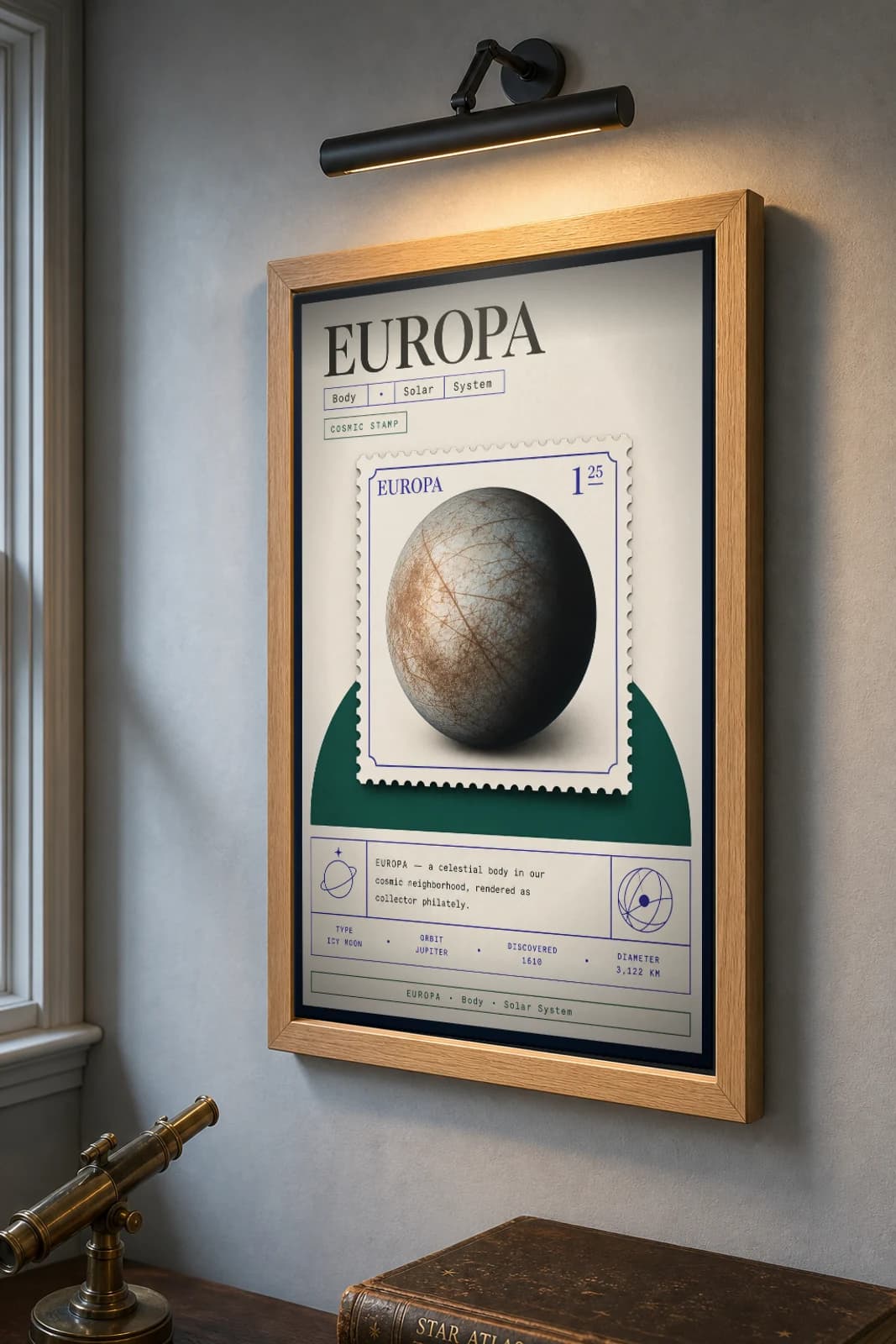 EUROPA Stamp Poster — the framed print shown at a three-quarter angle on a styled gallery wall in a natural-oak frame