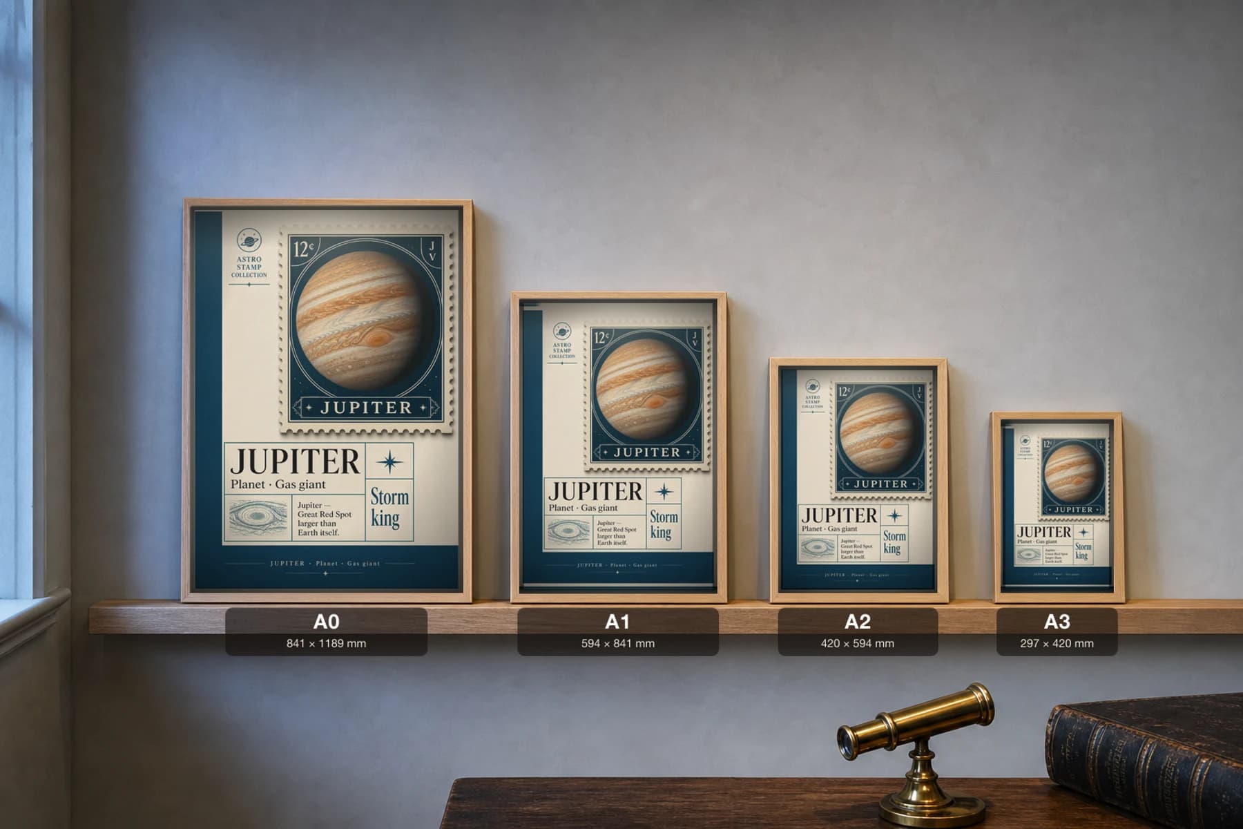 JUPITER Stamp Poster — print size guide showing the artwork at A0, A1, A2 and A3 in natural-oak frames at true relative scale