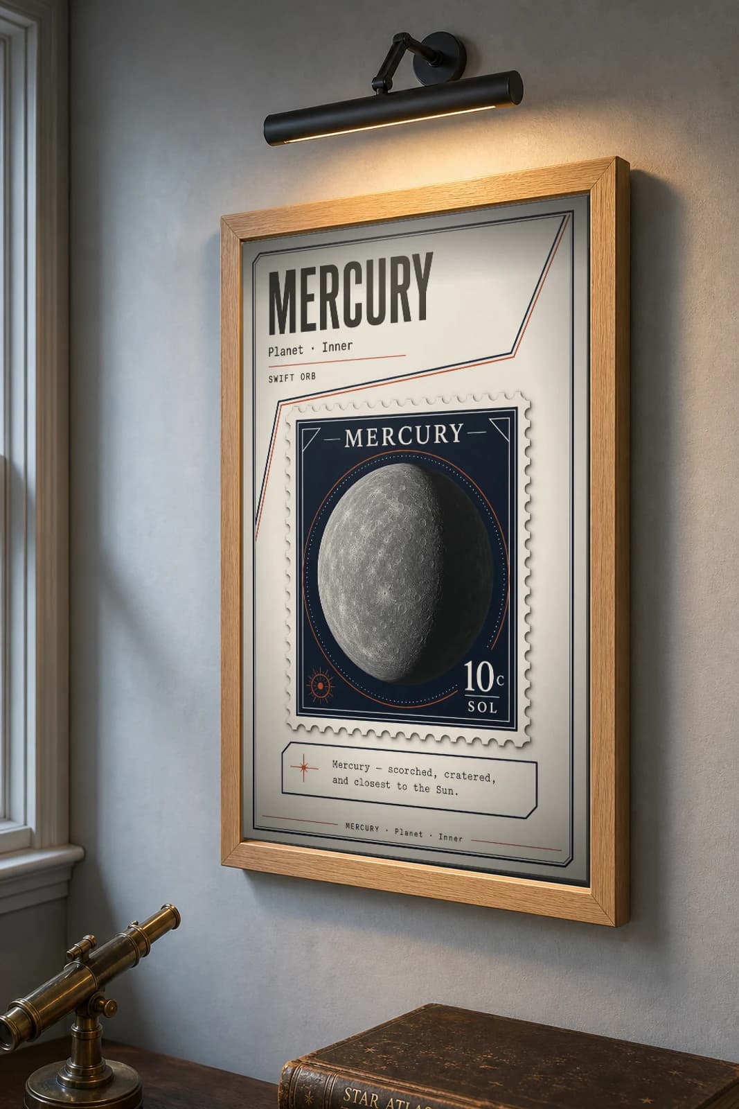 MERCURY Stamp Poster — the framed print shown at a three-quarter angle on a styled gallery wall in a natural-oak frame