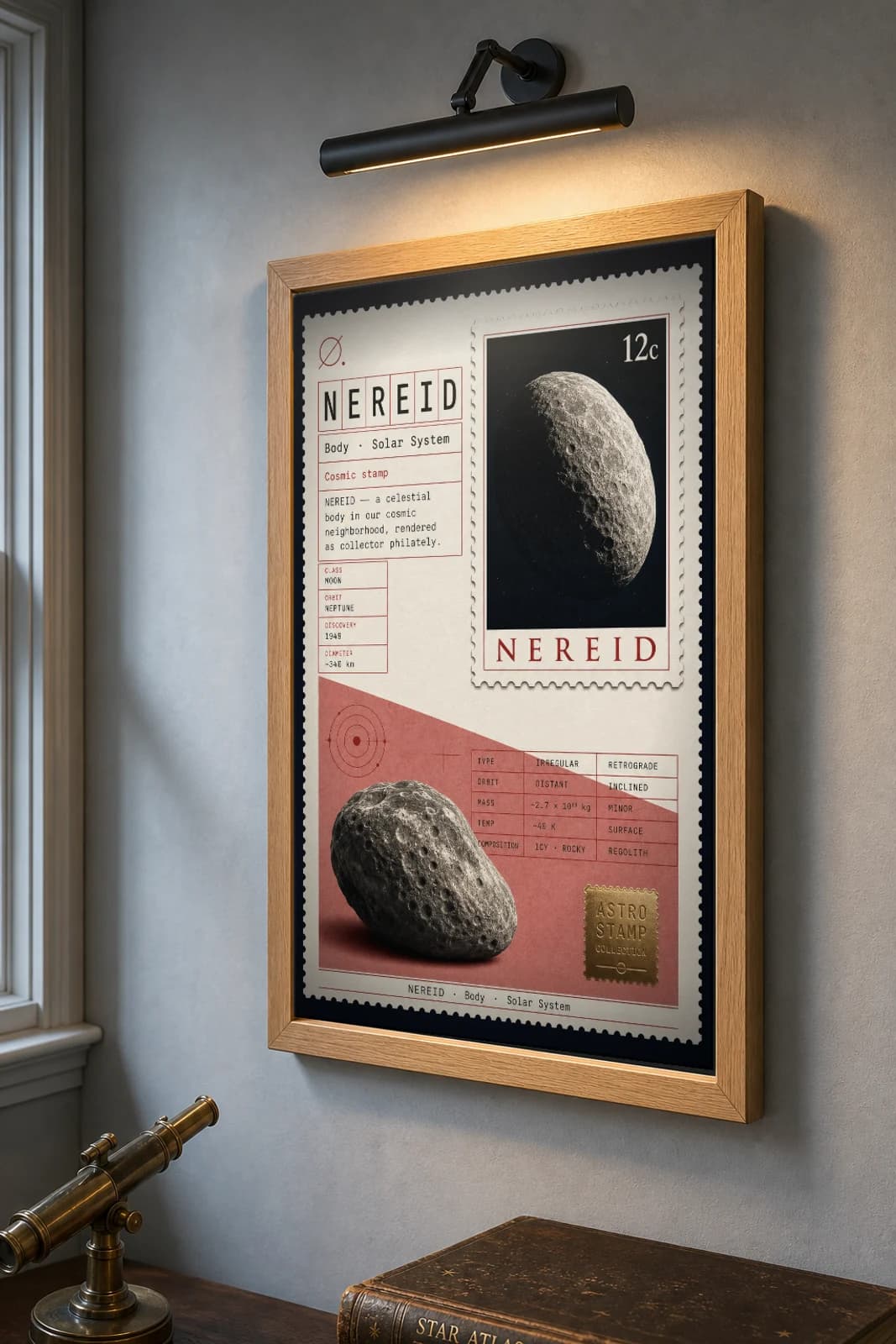 NEREID Stamp Poster — the framed print shown at a three-quarter angle on a styled gallery wall in a natural-oak frame