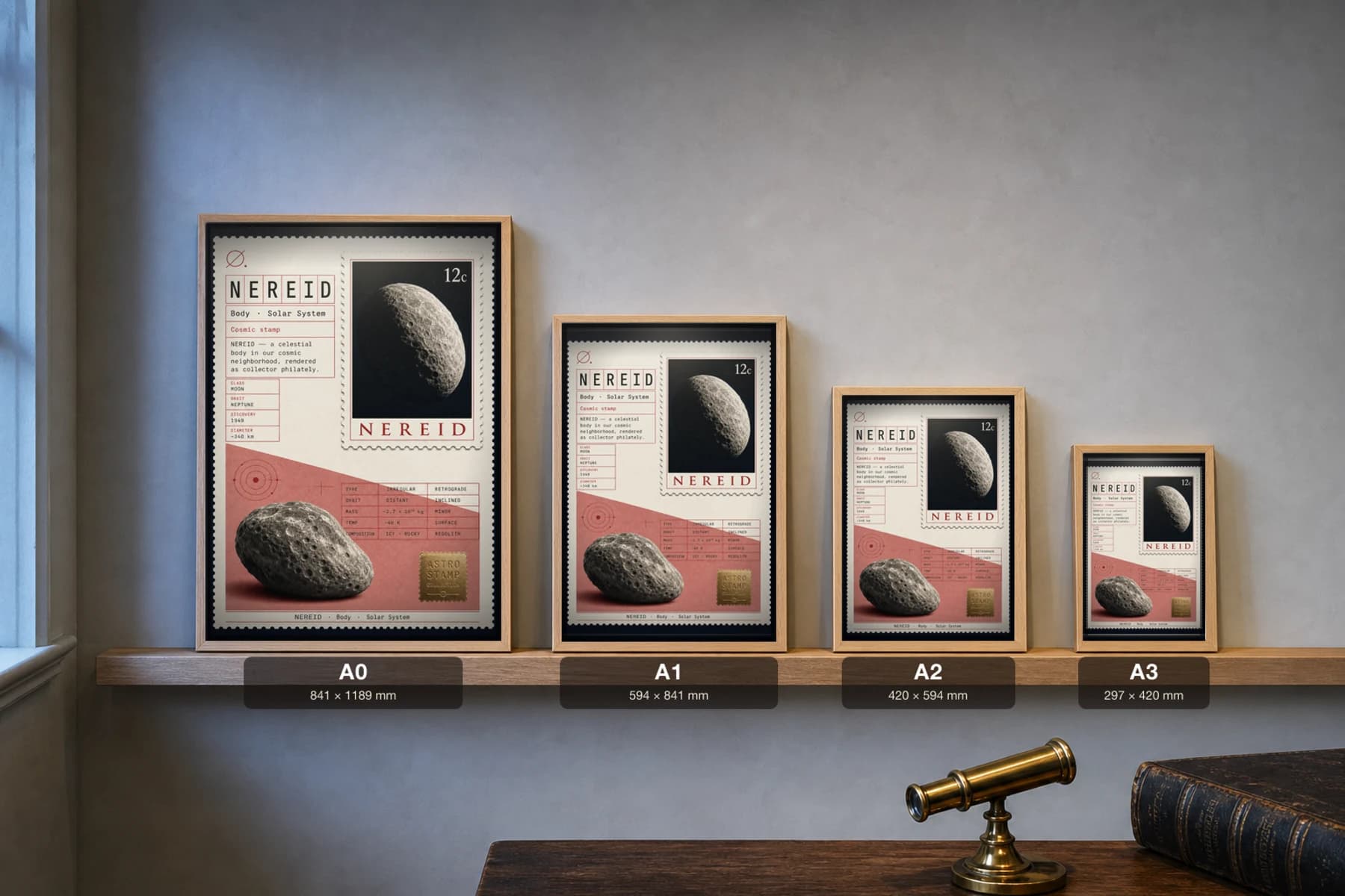 NEREID Stamp Poster — print size guide showing the artwork at A0, A1, A2 and A3 in natural-oak frames at true relative scale