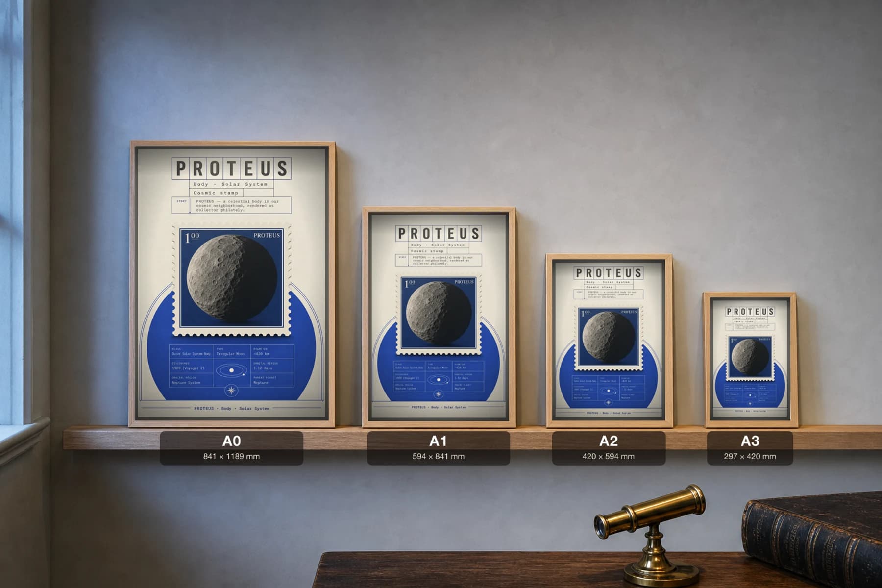 PROTEUS Stamp Poster — print size guide showing the artwork at A0, A1, A2 and A3 in natural-oak frames at true relative scale