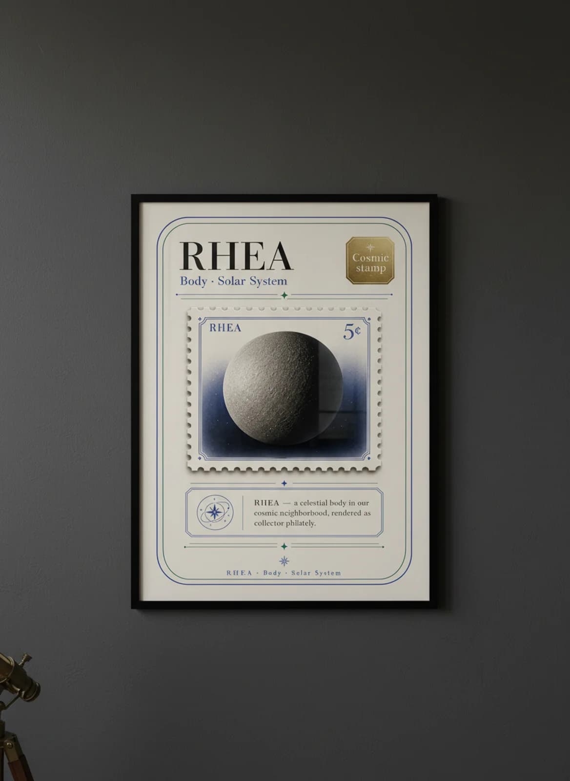 RHEA — Astronomical Bodies Stamp philatelic stamp poster in black A2 frame on rhea-grey dark observatory wall — Astronomical Bodies mockup