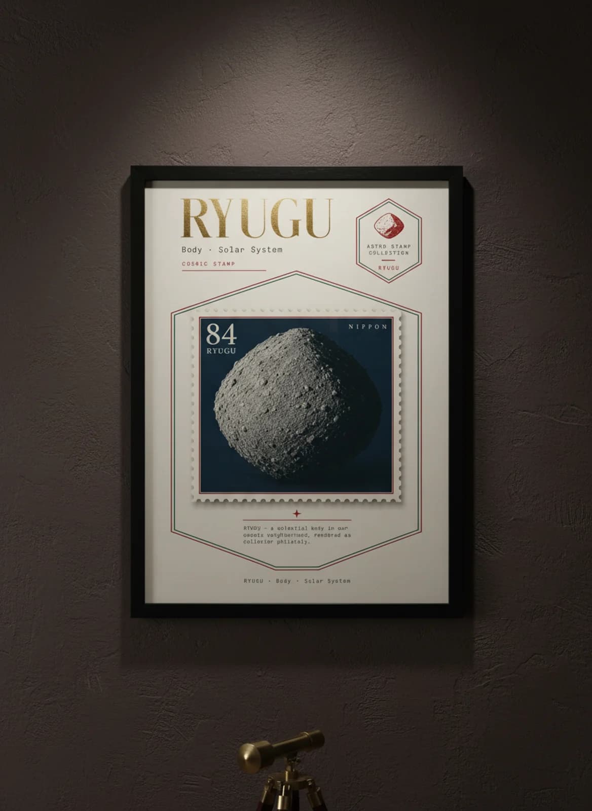 RYUGU — Astronomical Bodies Stamp philatelic stamp poster in black A2 frame on ryugu-rock dark observatory wall — Astronomical Bodies mockup