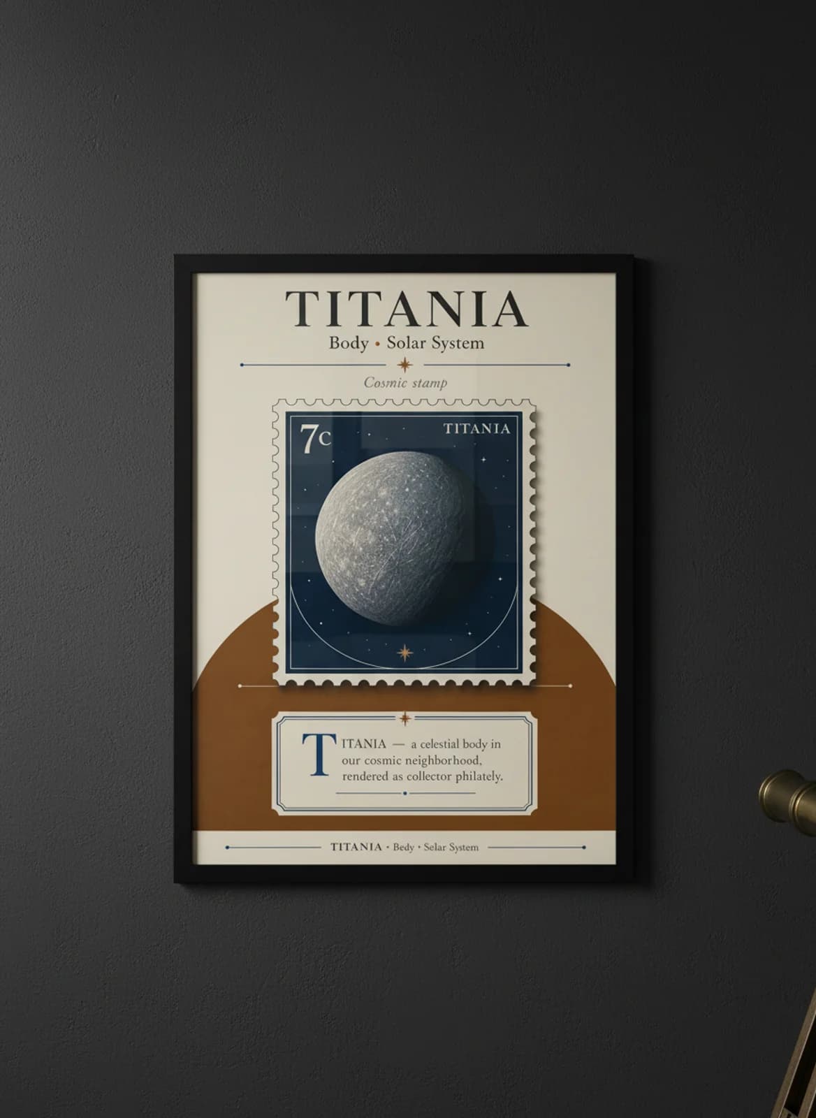 TITANIA — Astronomical Bodies Stamp philatelic stamp poster in black A2 frame on titania-grey dark observatory wall — Astronomical Bodies mockup