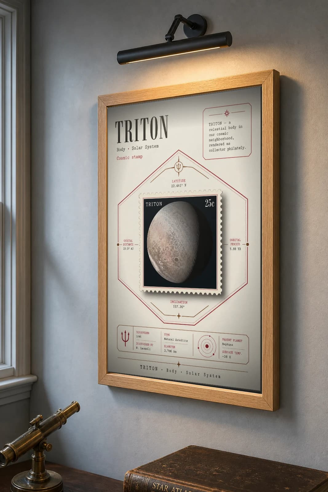 TRITON Stamp Poster — the framed print shown at a three-quarter angle on a styled gallery wall in a natural-oak frame