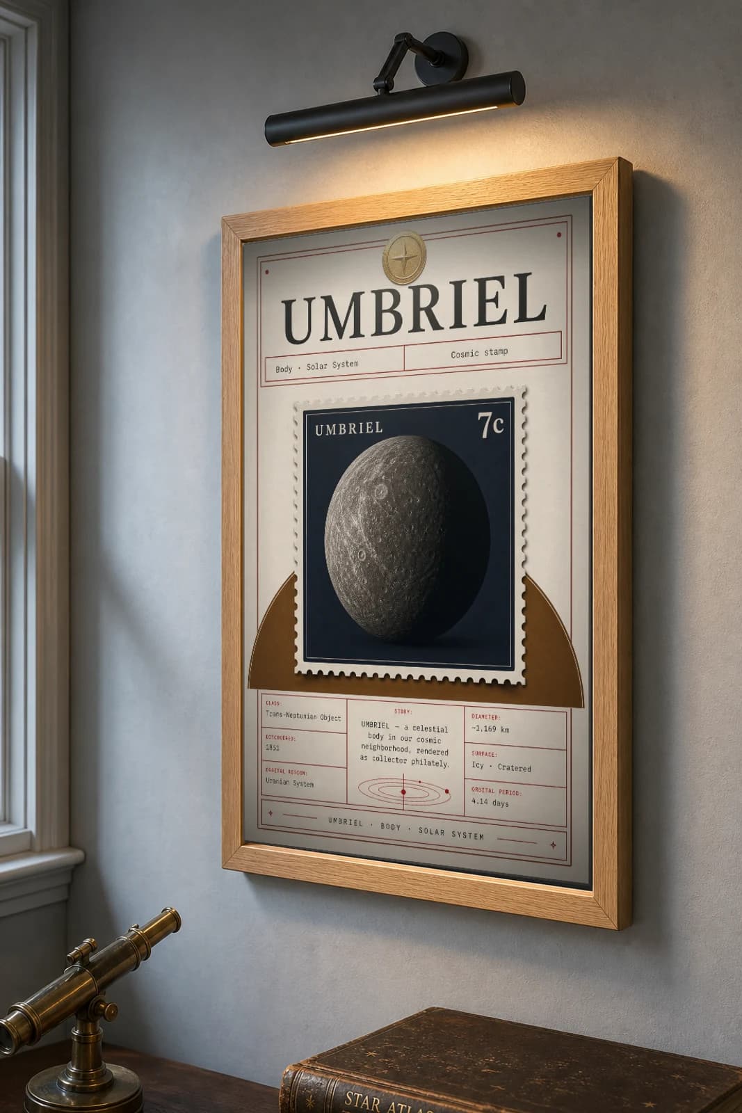 UMBRIEL Stamp Poster — the framed print shown at a three-quarter angle on a styled gallery wall in a natural-oak frame