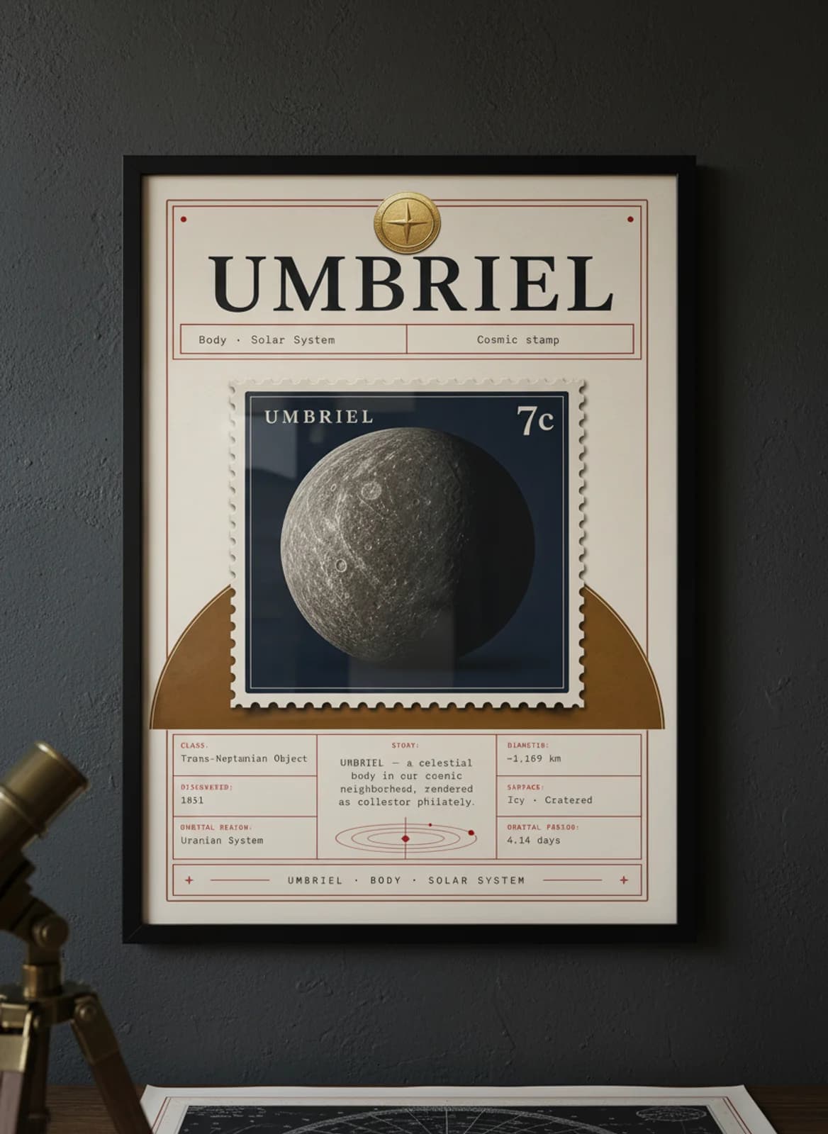 UMBRIEL — Astronomical Bodies Stamp philatelic stamp poster in black A2 frame on umbriel-dark dark observatory wall — Astronomical Bodies mockup