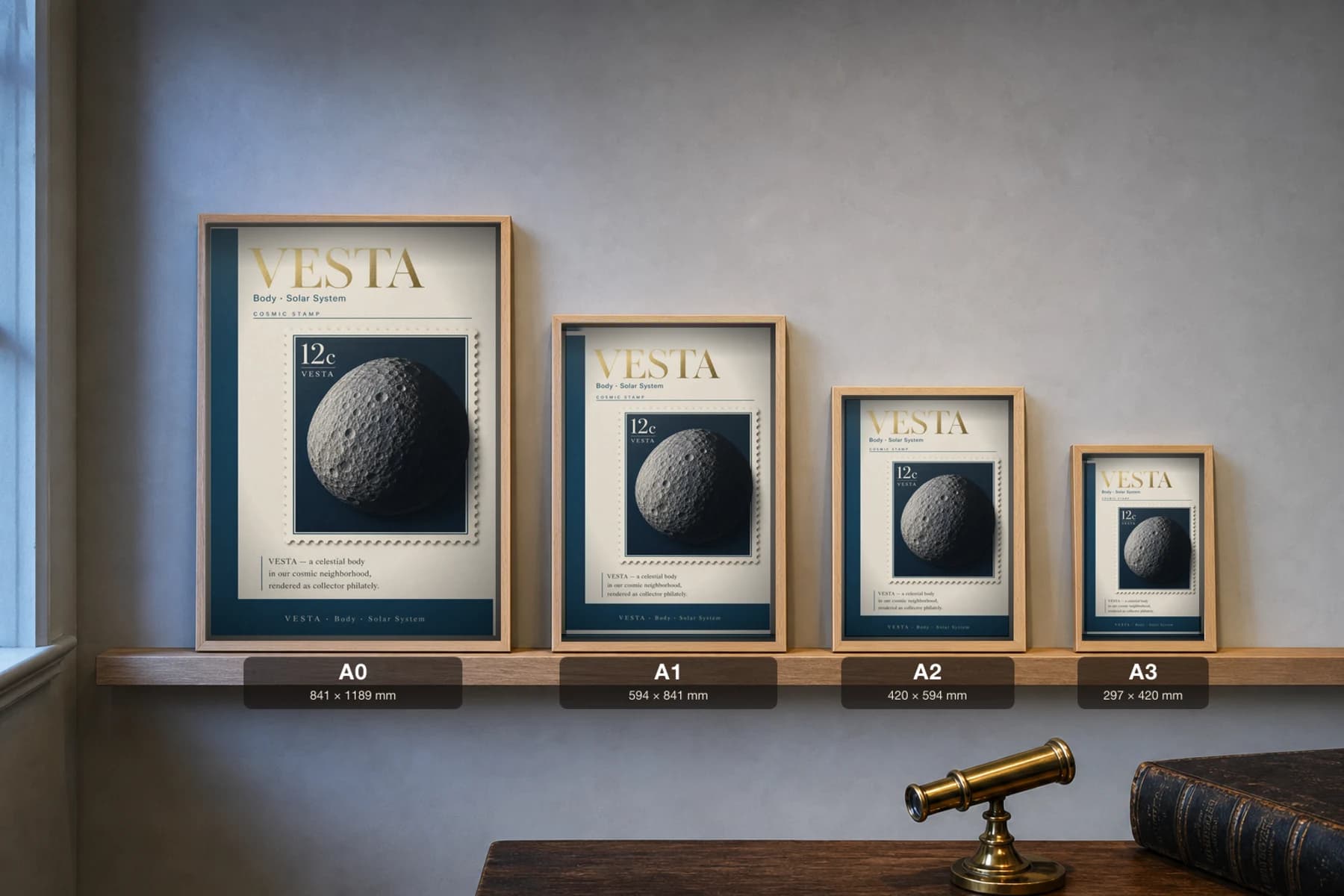 VESTA Stamp Poster — print size guide showing the artwork at A0, A1, A2 and A3 in natural-oak frames at true relative scale
