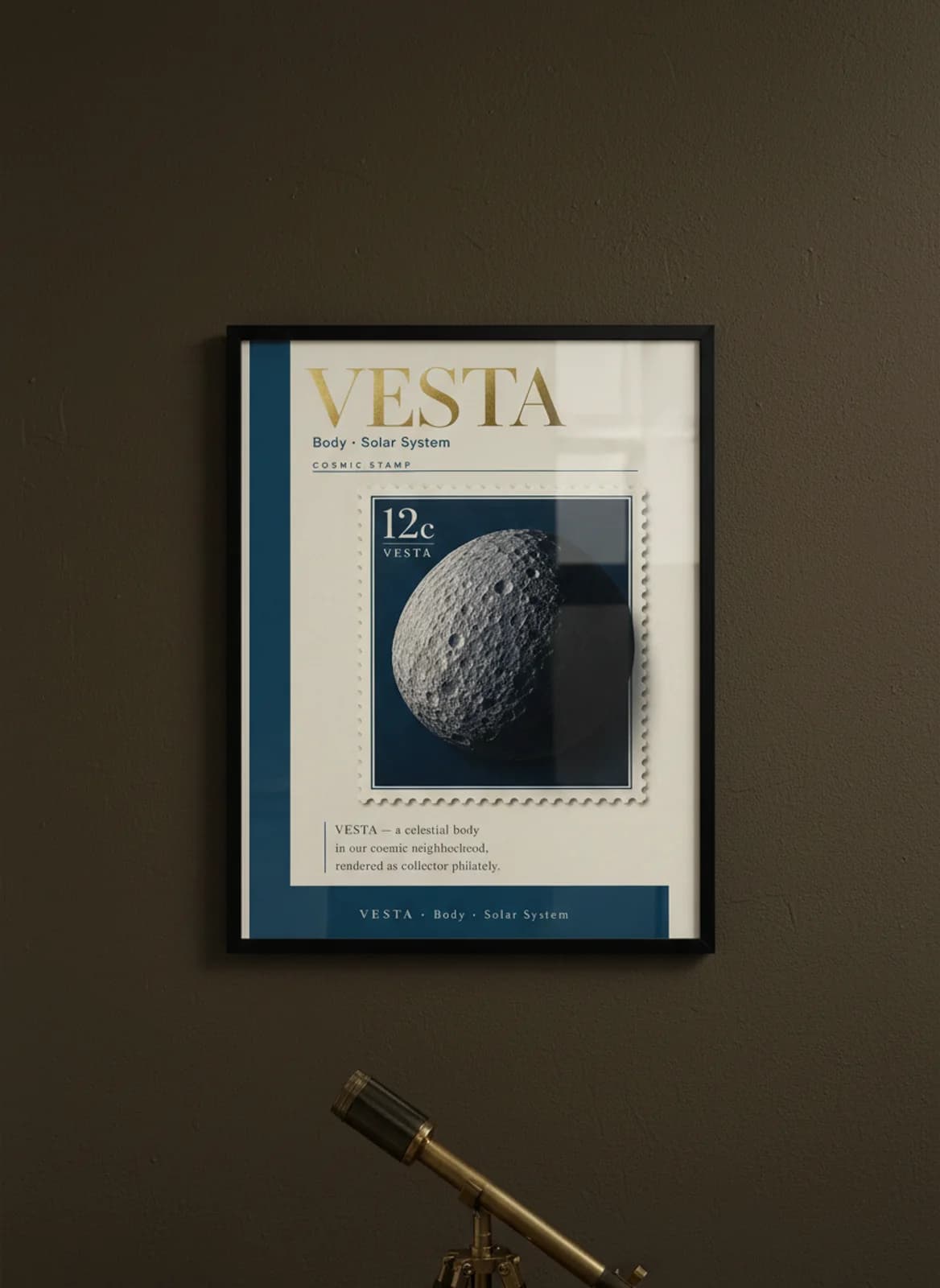 VESTA — Astronomical Bodies Stamp philatelic stamp poster in black A2 frame on vesta-bright dark observatory wall — Astronomical Bodies mockup