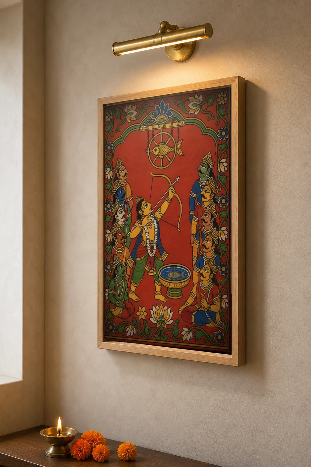 Arjuna Matsya Yantra Cheriyal Scroll Print — Draupadi's Swayamvara Fish-Target Feat in Nakashi Folk Grammar on a Vermilion Ground — the framed print shown at a three-quarter angle on a styled gallery wall in a natural-oak frame