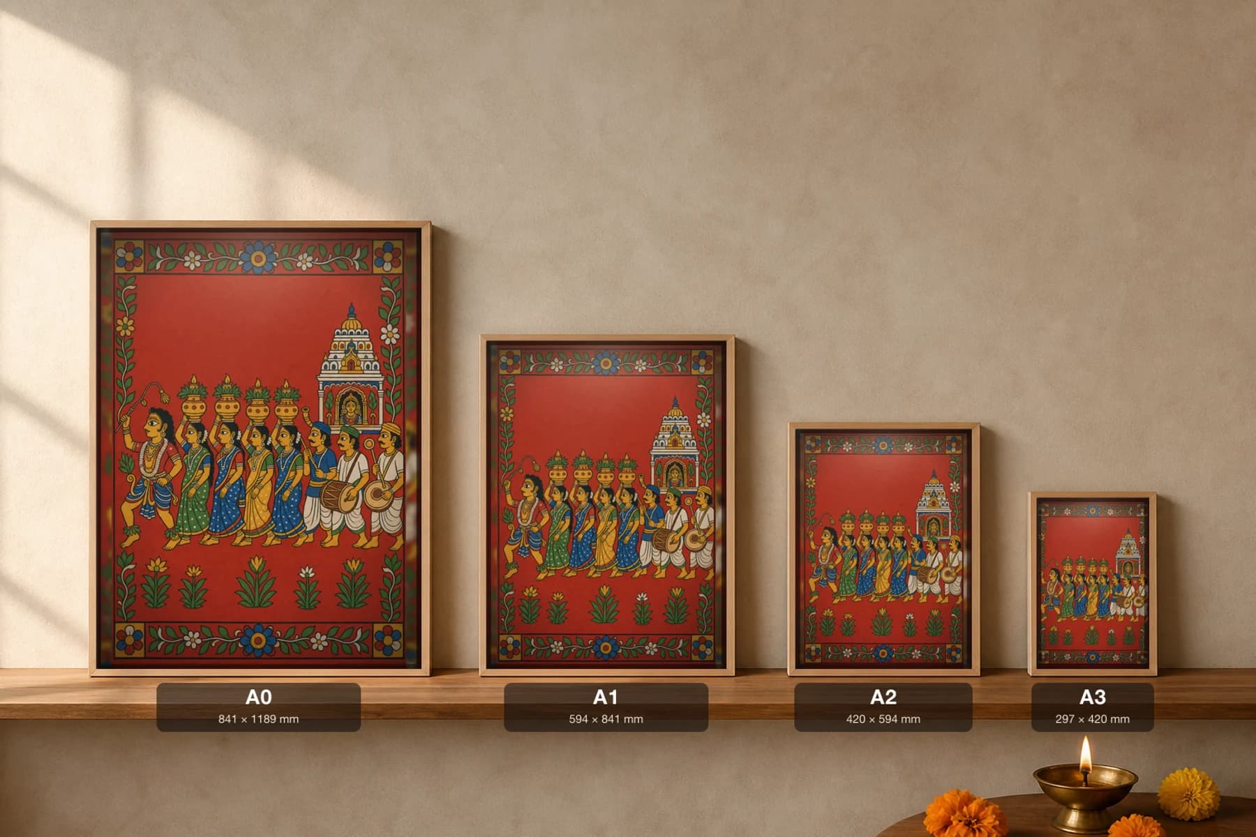 Bonalu Cheriyal Fusion Print — Telangana's Mahankali Pot Procession Led by a Pothuraju Dancer, Nakashi Folk Grammar on a Vermilion Ground — print size guide showing the artwork at A0, A1, A2 and A3 in natural-oak frames at true relative scale