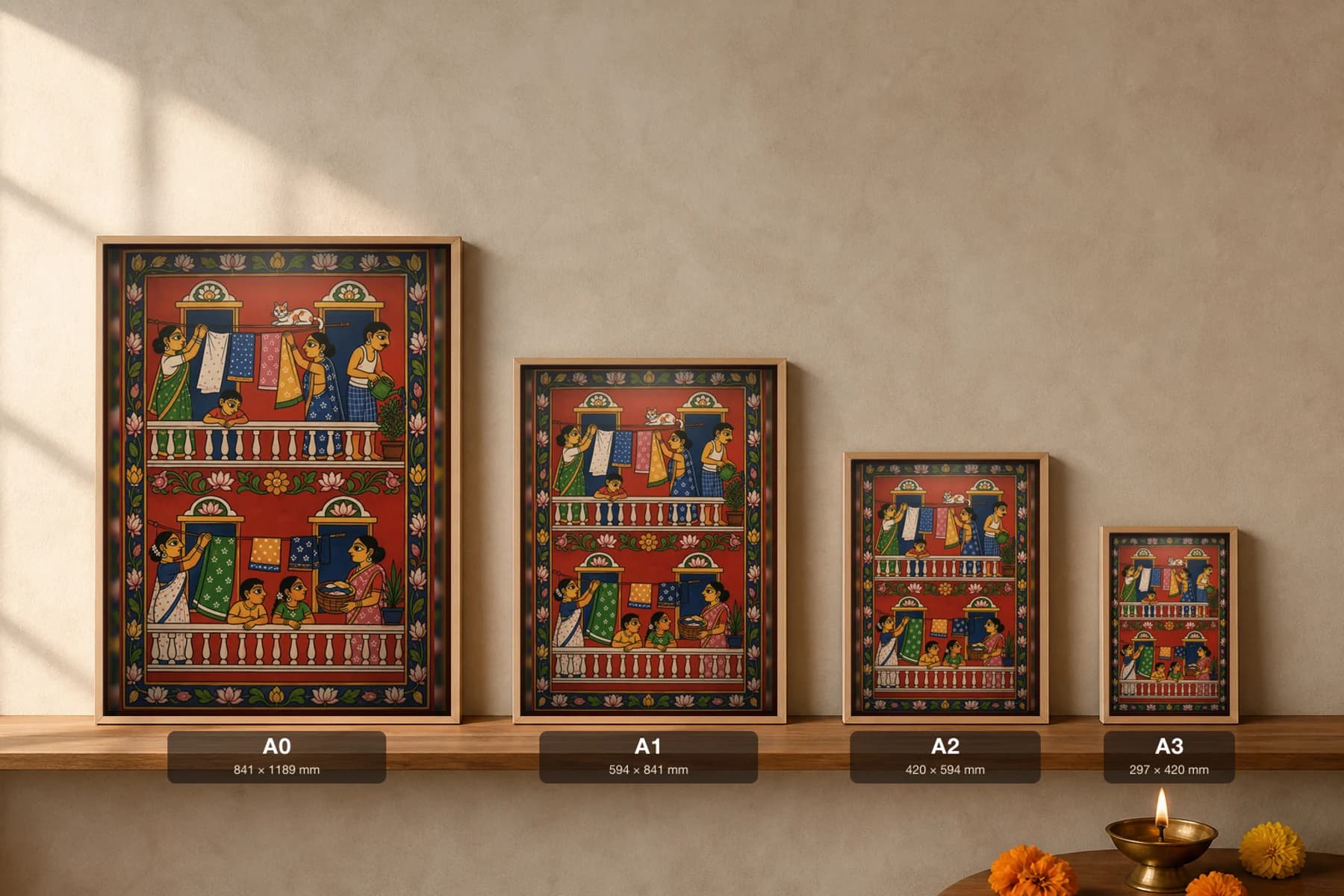 Antillo Life Cheriyal Fusion Print — Two Stacked Apartment Balconies of Everyday City Life in Nakashi Folk Grammar on a Vermilion Ground — print size guide showing the artwork at A0, A1, A2 and A3 in natural-oak frames at true relative scale