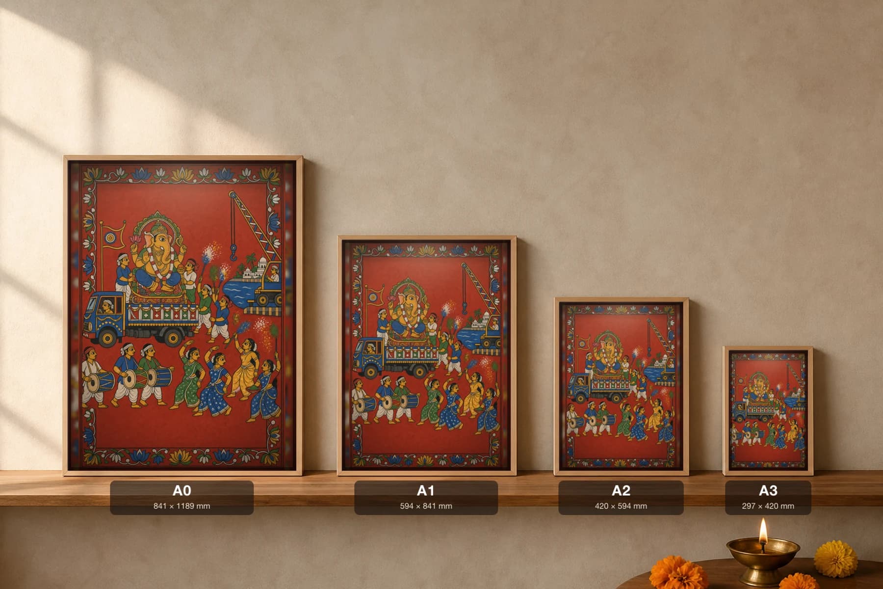 Ganesh Nimajjanam Cheriyal Fusion Print — A Ganesh Chaturthi Idol Carried to the Tank on a Lorry with Drummers and Dancers, Nakashi Folk Grammar on a Vermilion Ground — print size guide showing the artwork at A0, A1, A2 and A3 in natural-oak frames at true relative scale
