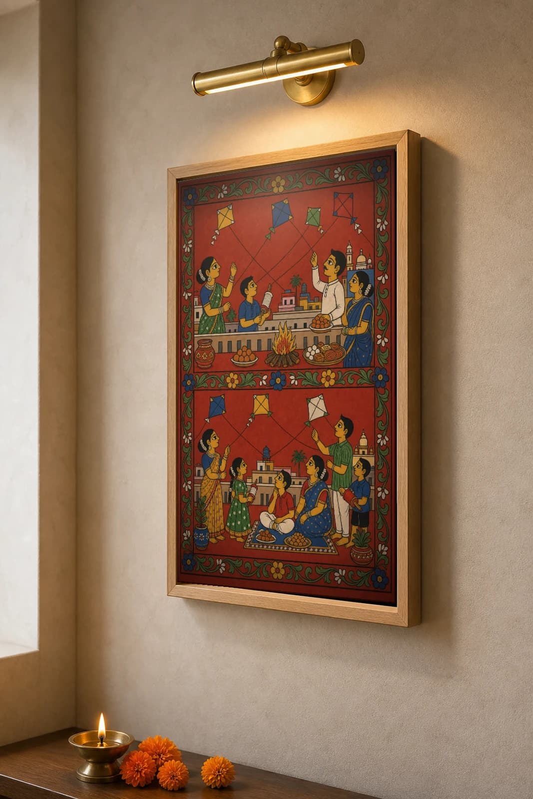Patang Terrace Cheriyal Fusion Print — Sankranti Rooftop Kite-Flying in Two Stacked Terrace Registers, Nakashi Folk Grammar on a Vermilion Ground — the framed print shown at a three-quarter angle on a styled gallery wall in a natural-oak frame