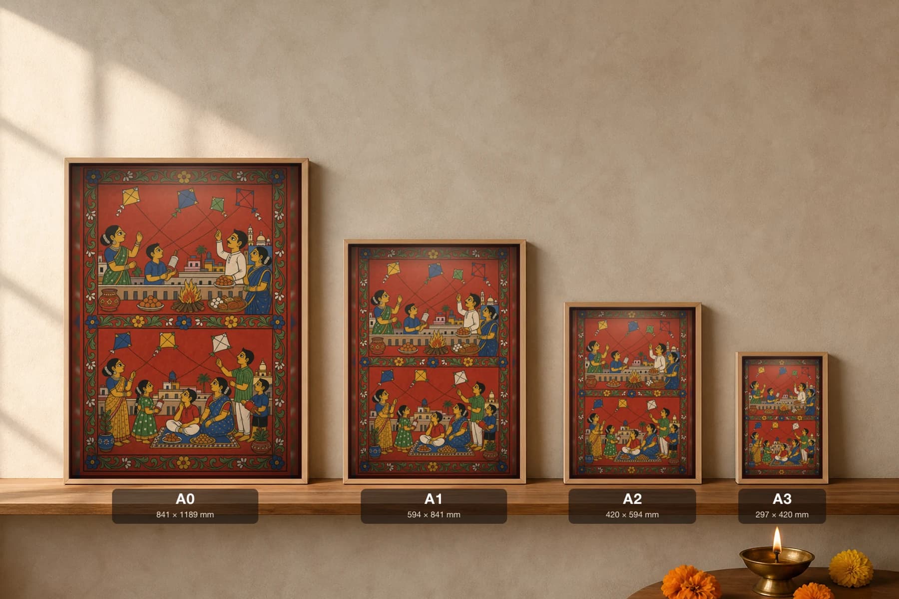 Patang Terrace Cheriyal Fusion Print — Sankranti Rooftop Kite-Flying in Two Stacked Terrace Registers, Nakashi Folk Grammar on a Vermilion Ground — print size guide showing the artwork at A0, A1, A2 and A3 in natural-oak frames at true relative scale